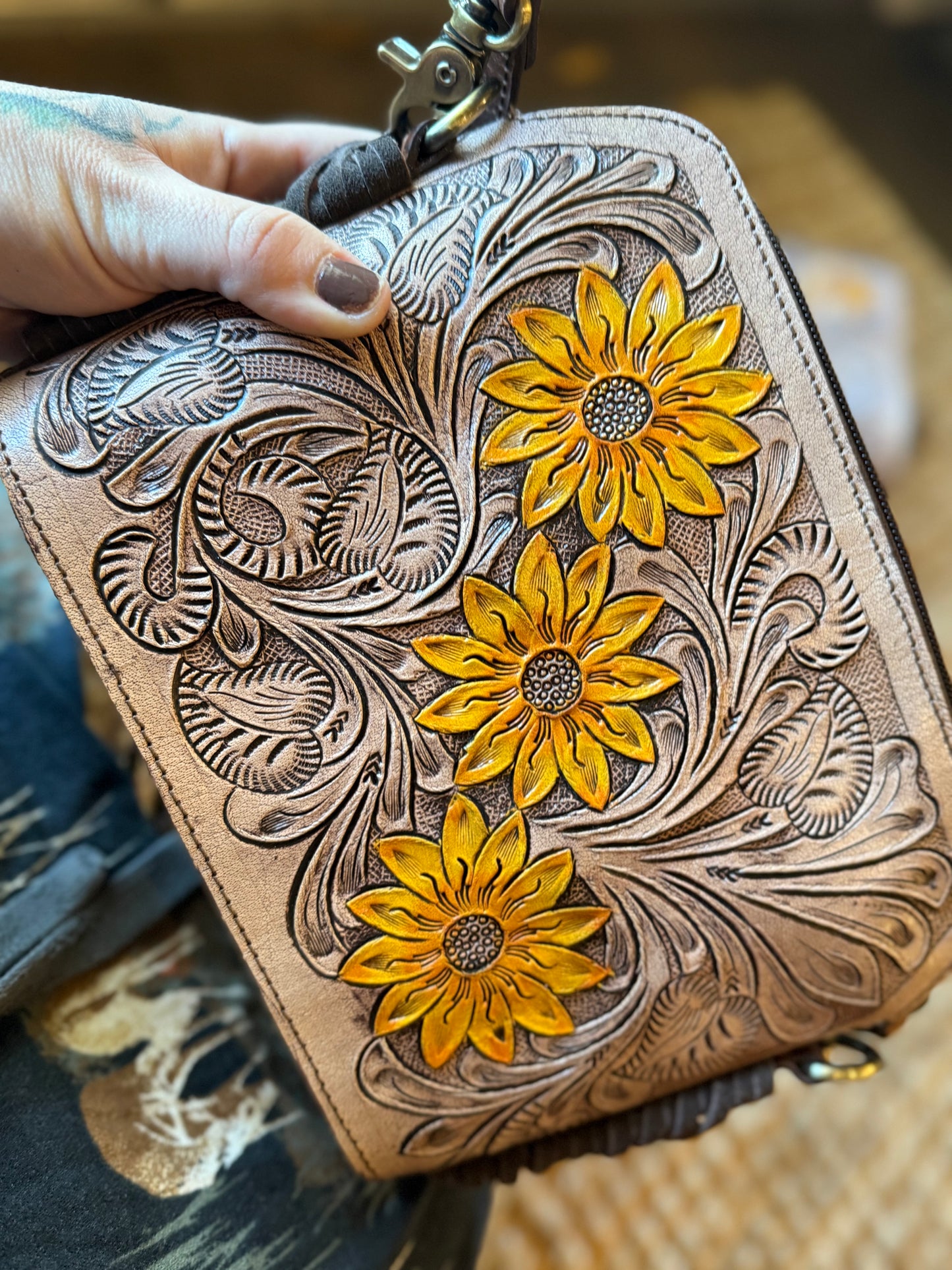 Sunflower tooled leather crossbody no fringe
