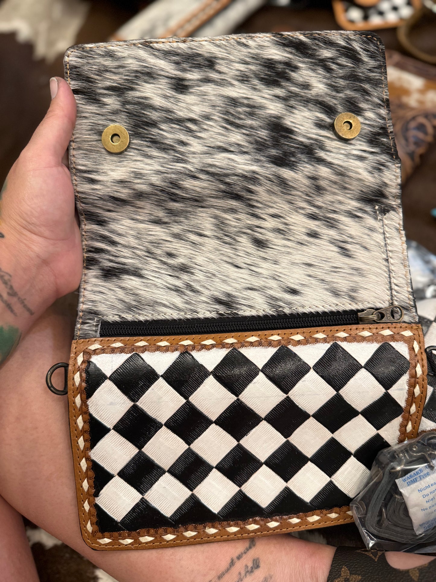 Checker print wallet with strap for clutch