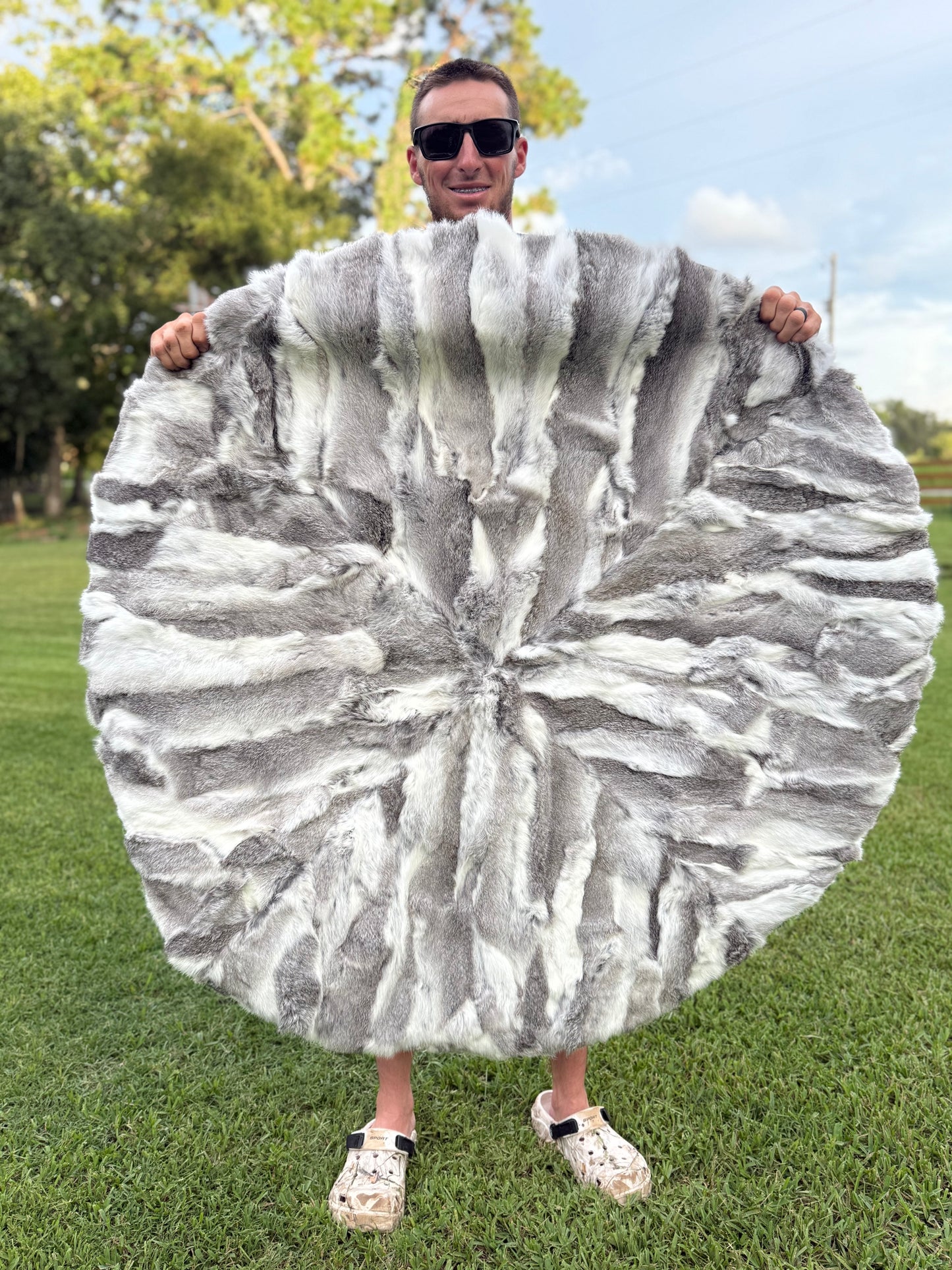 48" grey and white rabbit hide rug