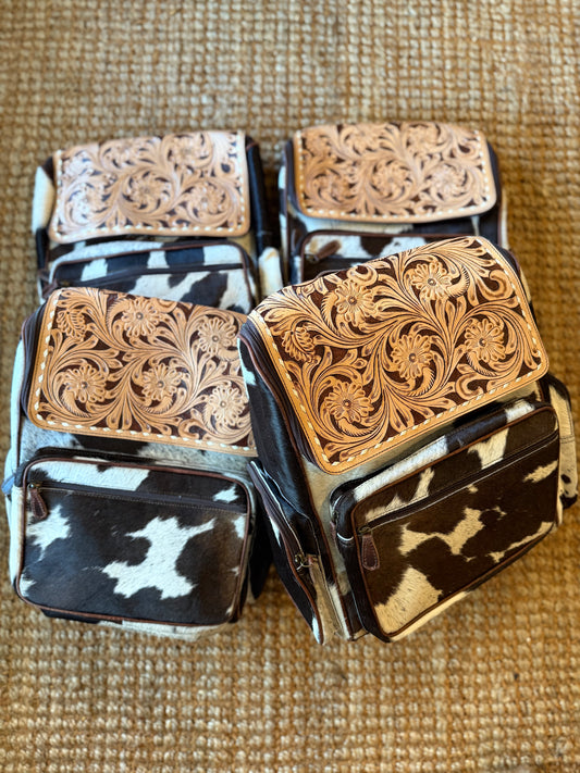 Tooled leather bookbag brown leather