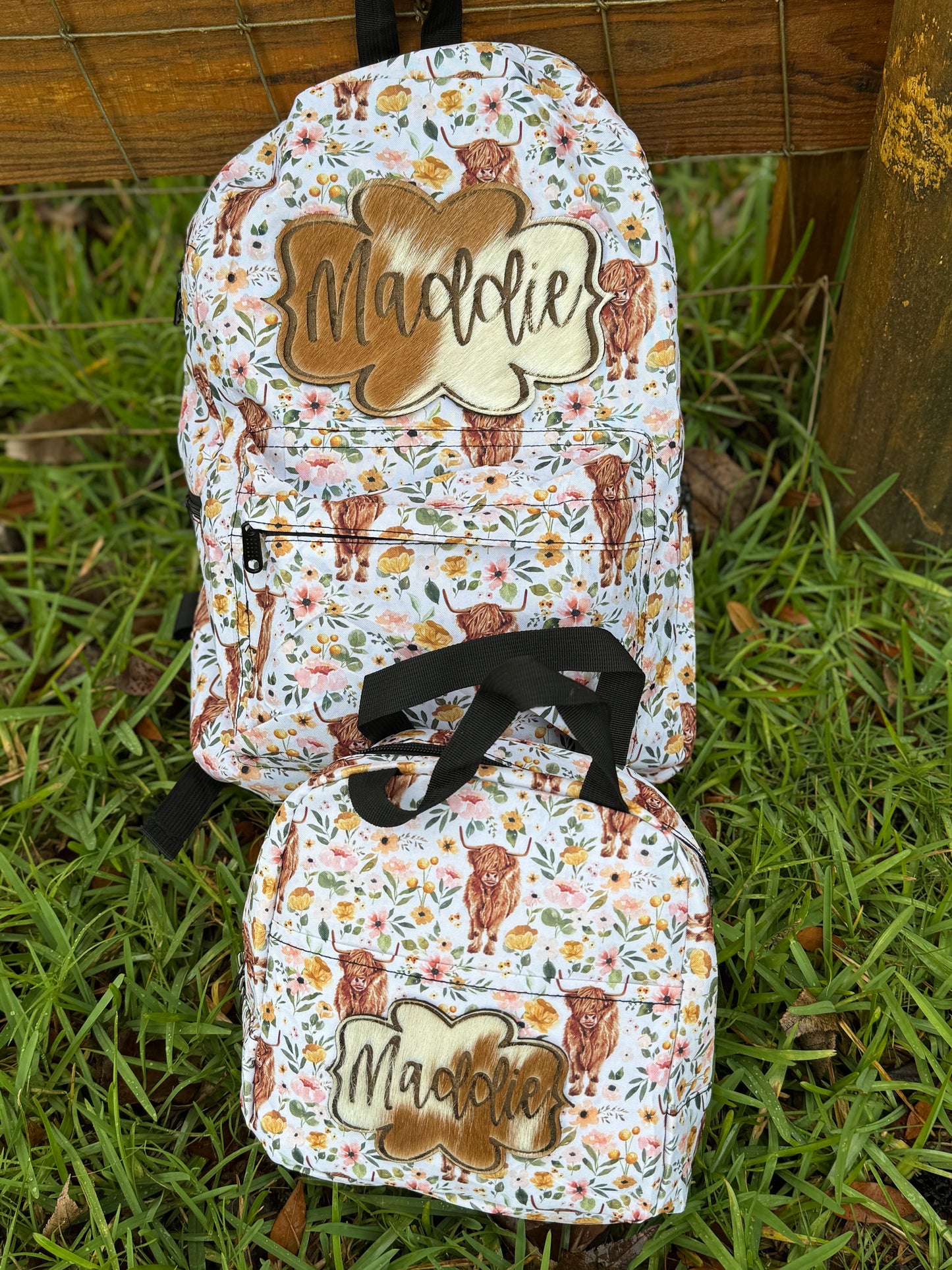 Cowhide bookbag with cowhide name patch only