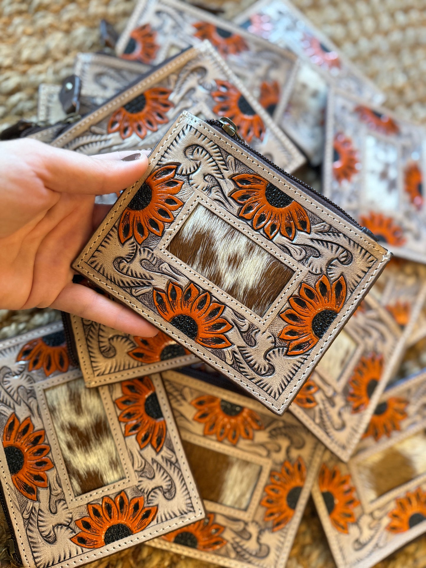 Tooled leather sunflower cardholder