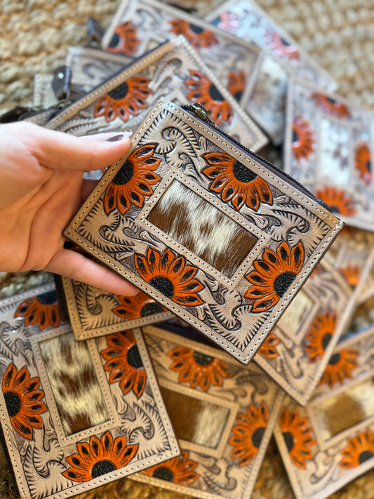 Tooled leather sunflower cardholder