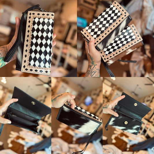Checker tooled wallet /put in notes what color hide you want at checkout-brown or black n white