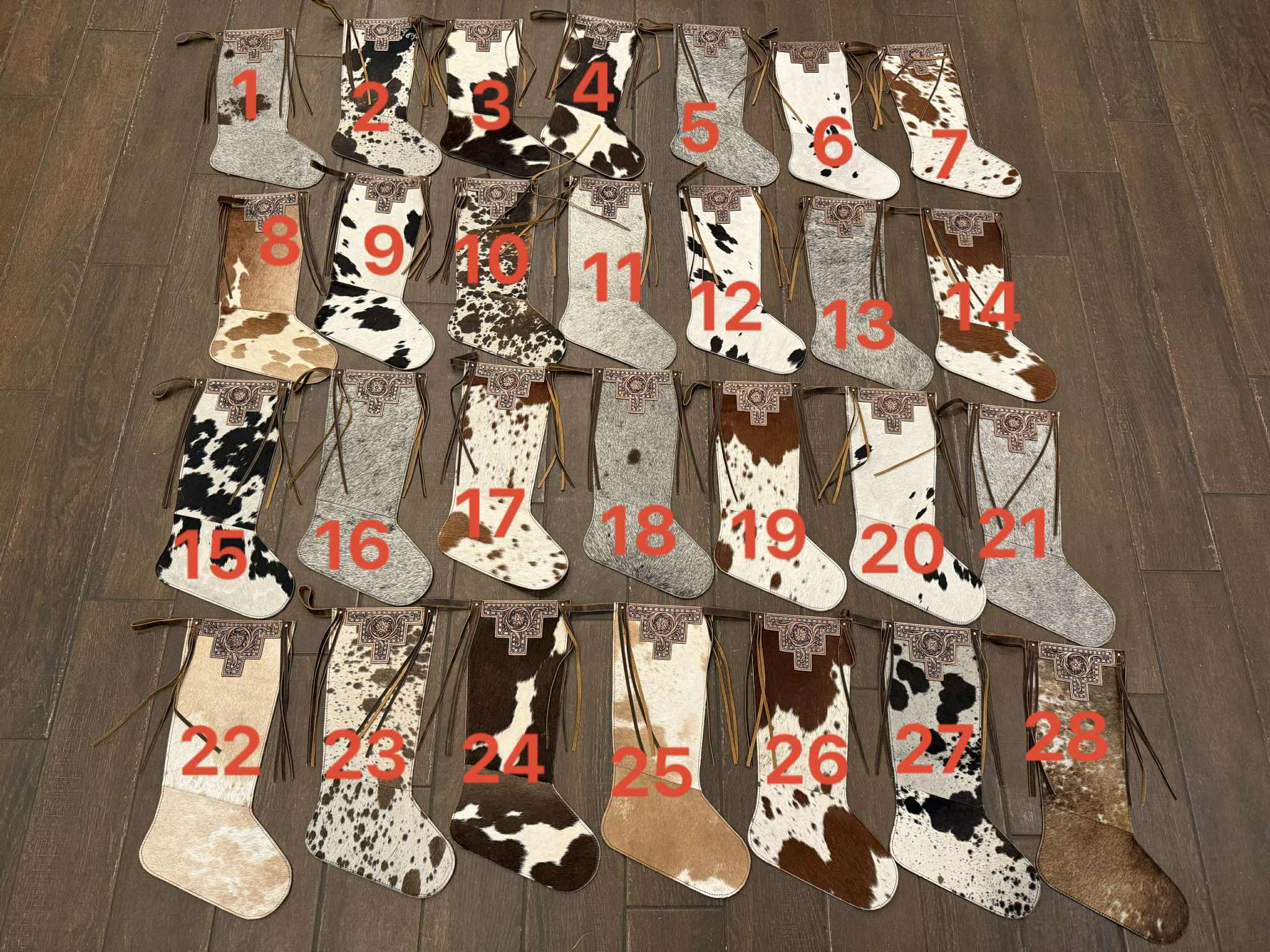 16" Cowhide christmas stockings! Does not include engraving. Read desc