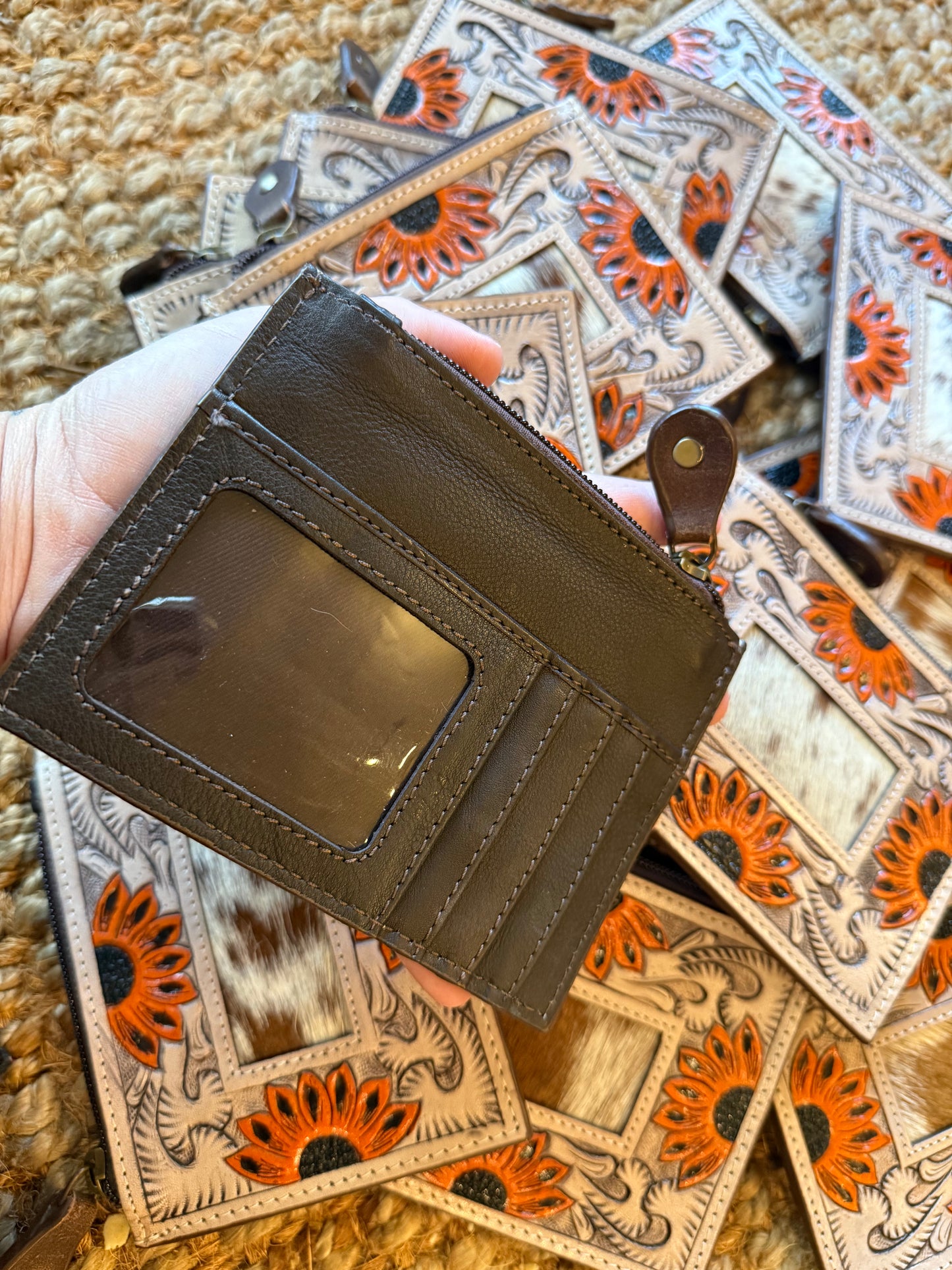 Tooled leather sunflower cardholder