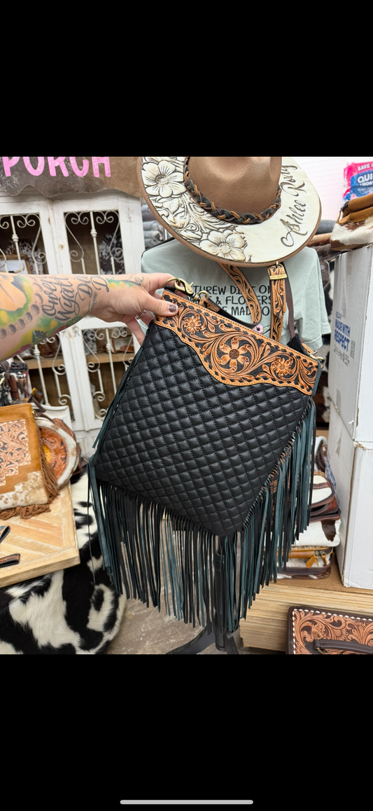 Quilt pattern fringe crossbody purse