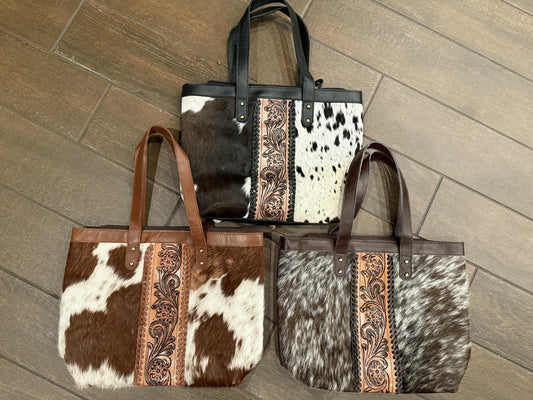 Tooled leather and cowhide totebag