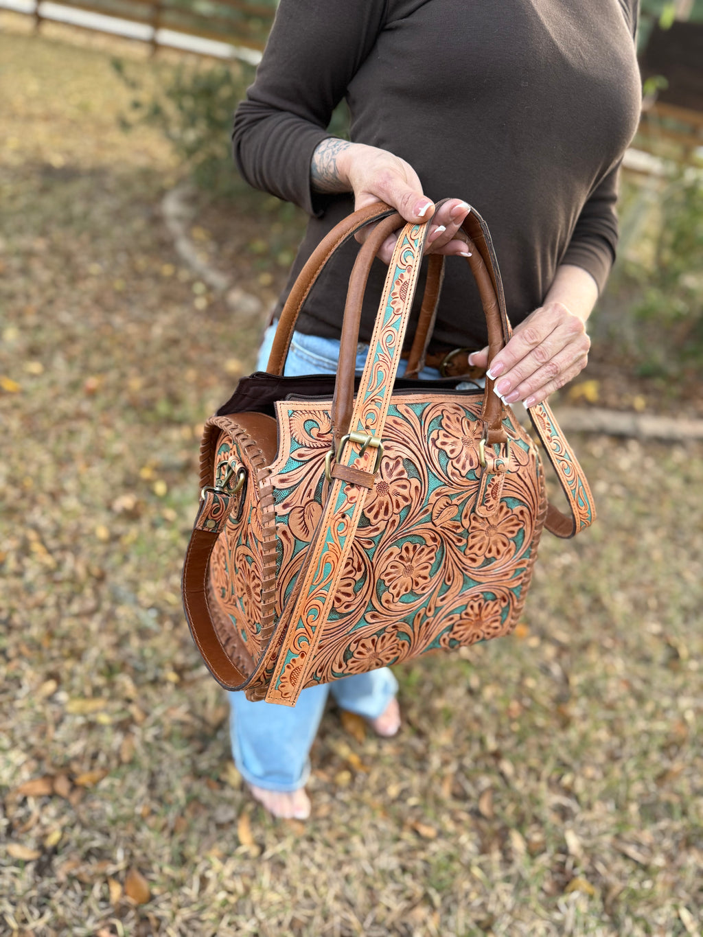 Brown/turquoise tooled leather speedy (L)