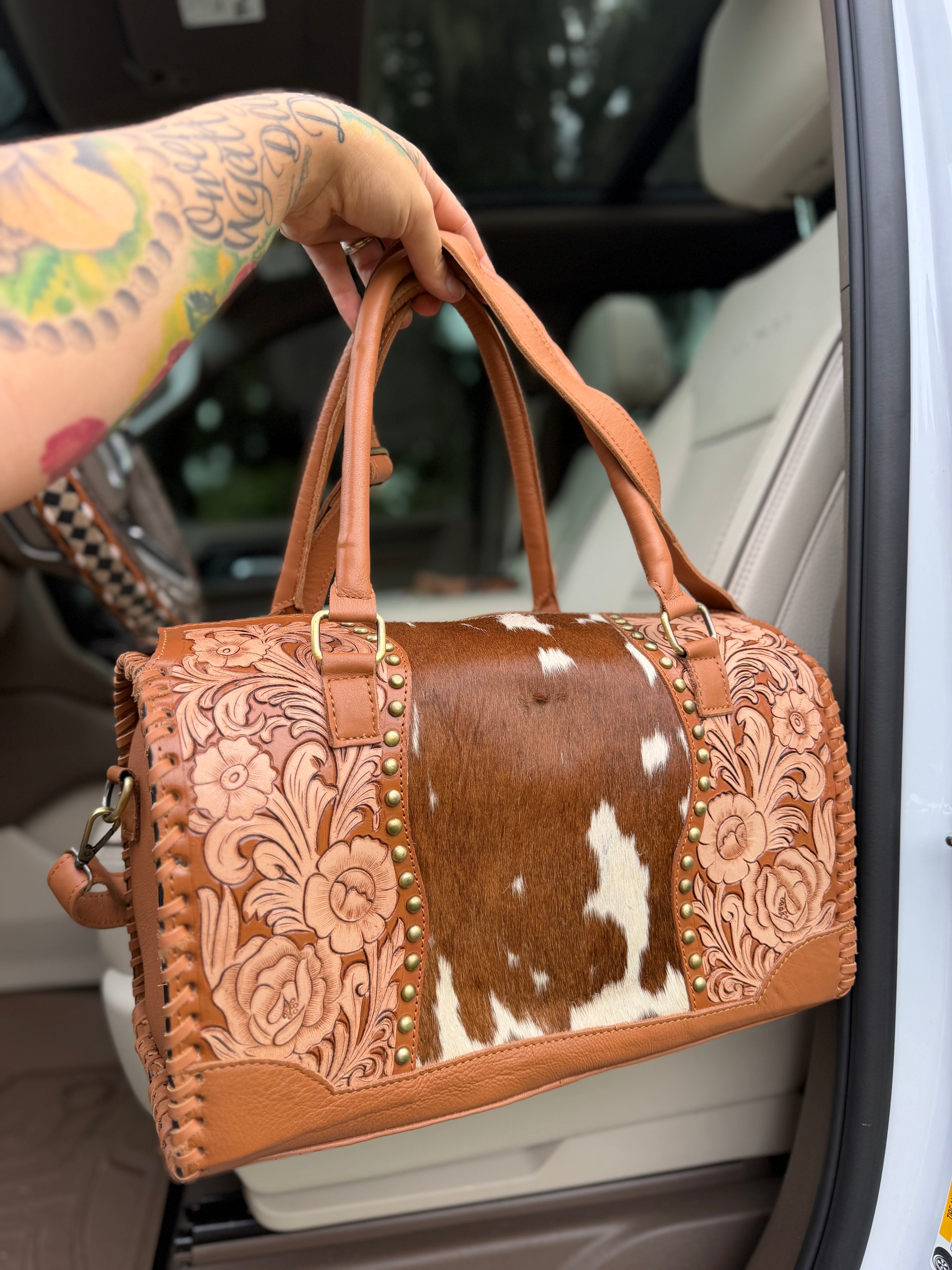 Cowhide tooled leather speedy duffle (L)