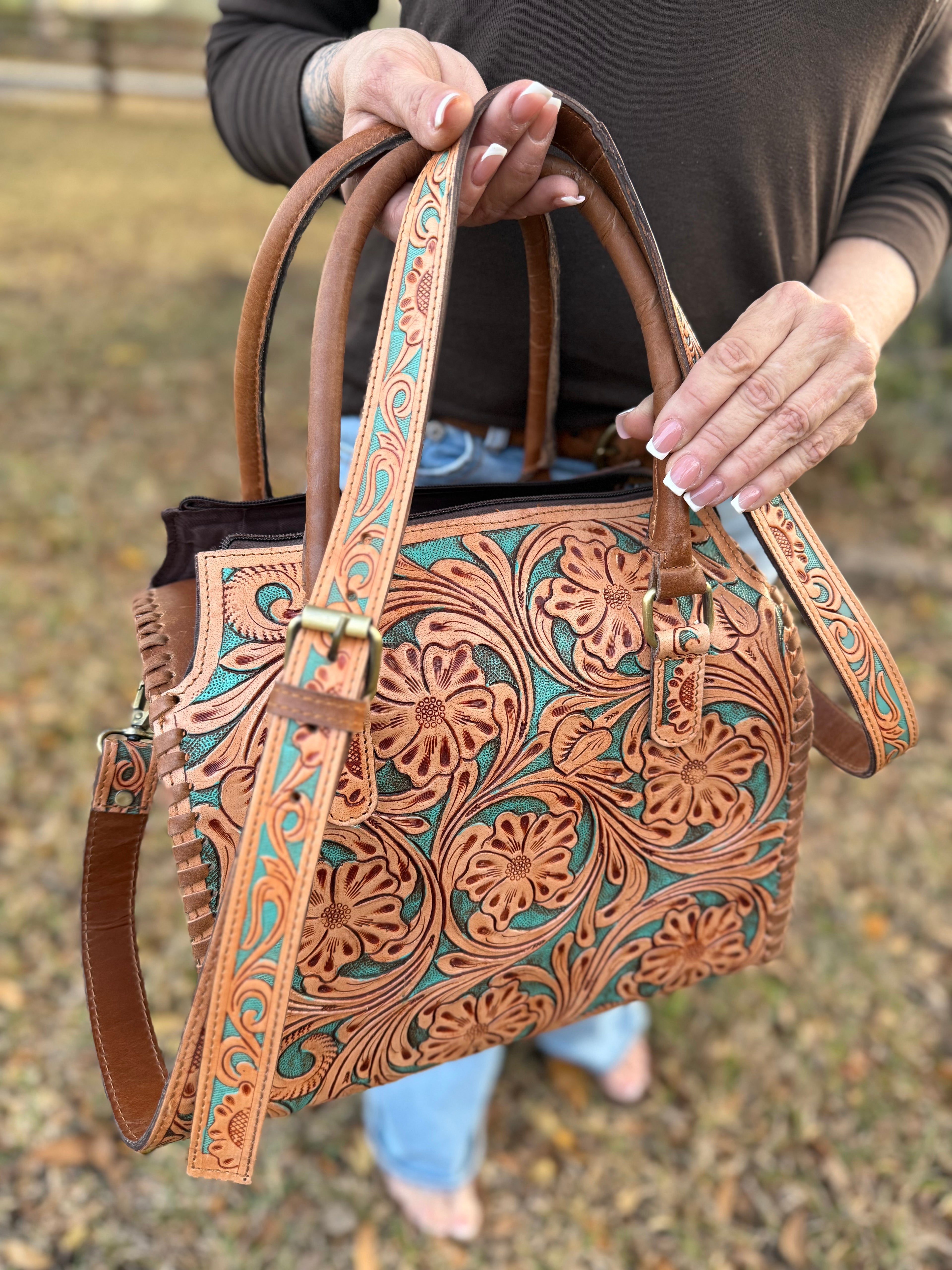 Brown/turquoise tooled leather speedy (L)