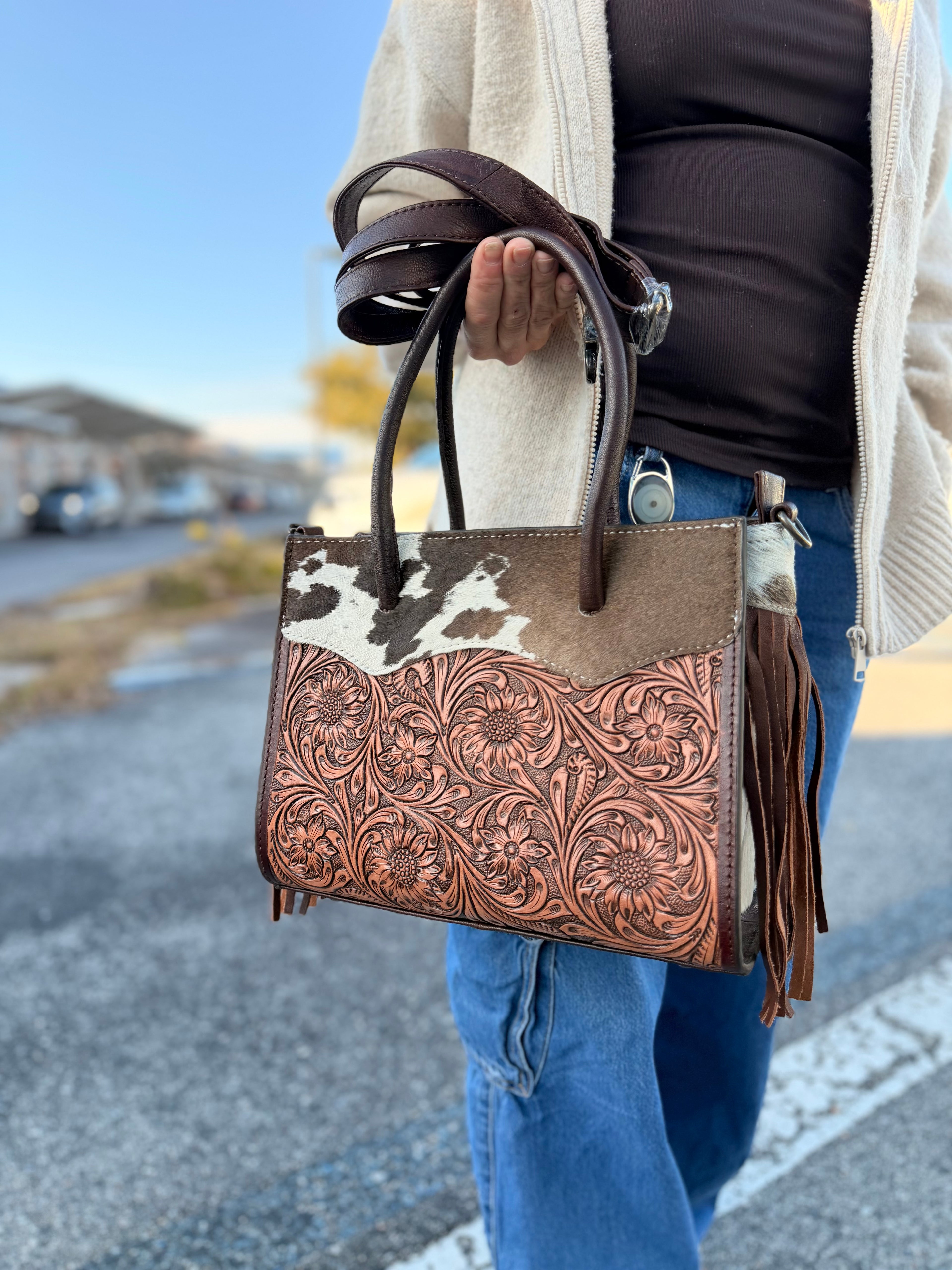 The “Mandie” tooled fringe tote checker  bag - by the Painted Porches