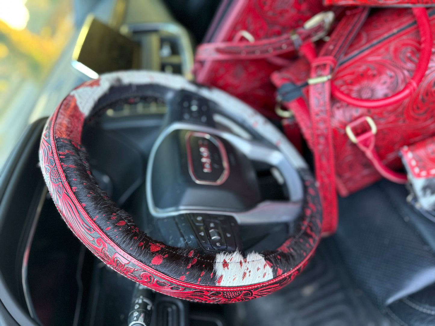 Red 15.5 “ tooled leather acidwash cowhide steering wheel cover read description before purchase