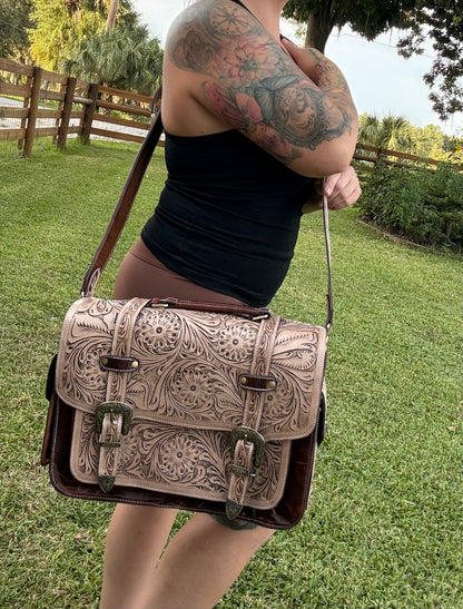 Laptop or overnight tooled leather bag