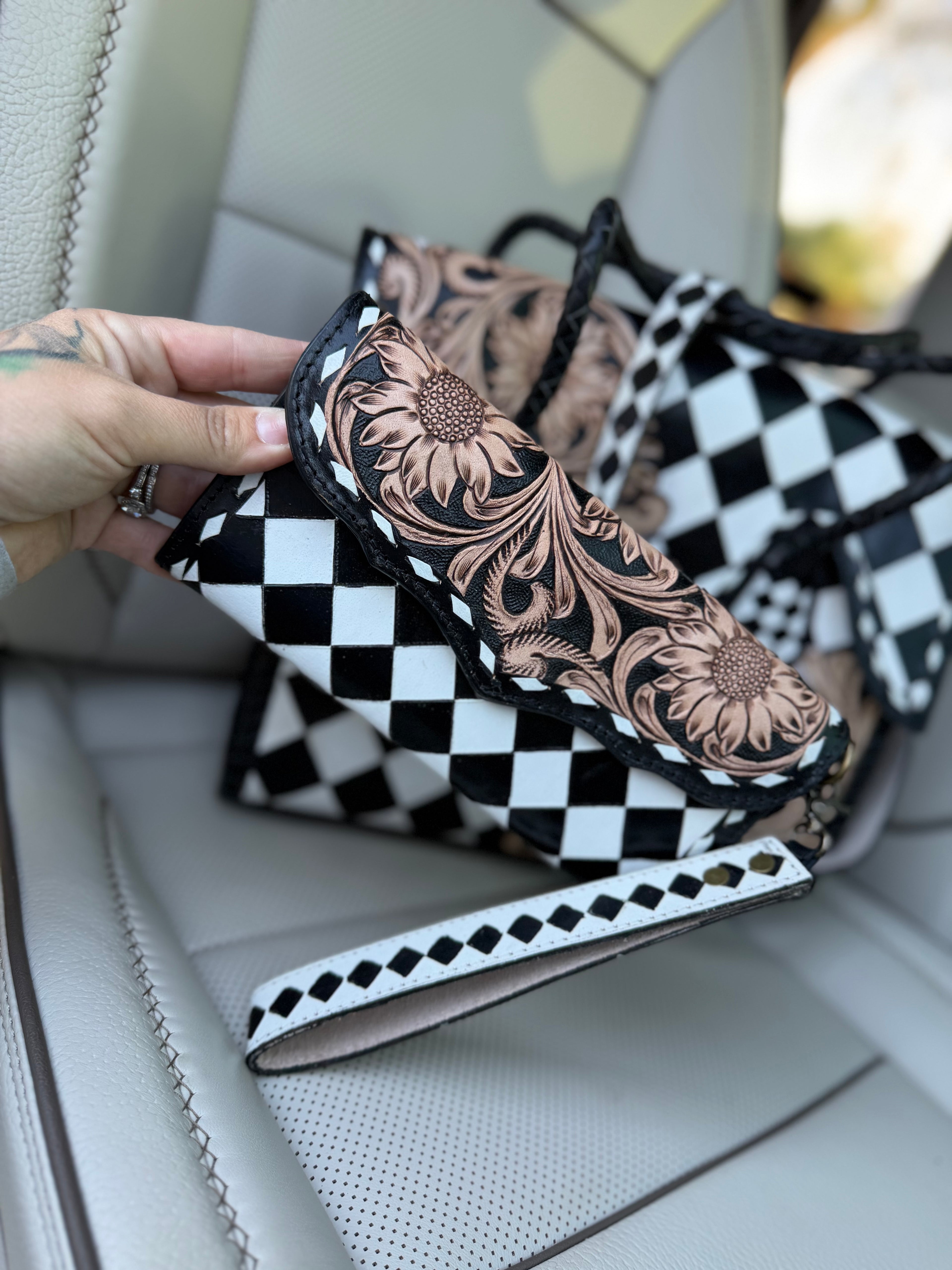 “Rowdy Rosette”- black/white checker tote