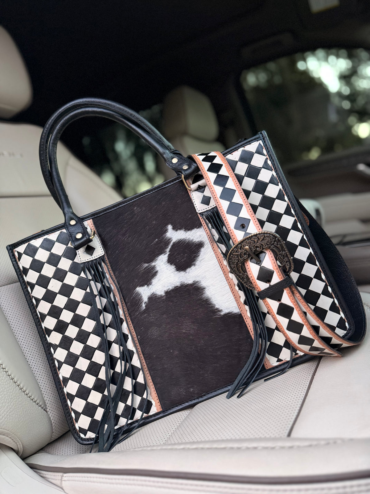 Cowhide and white checker Tooled leather tote bag with fringe-