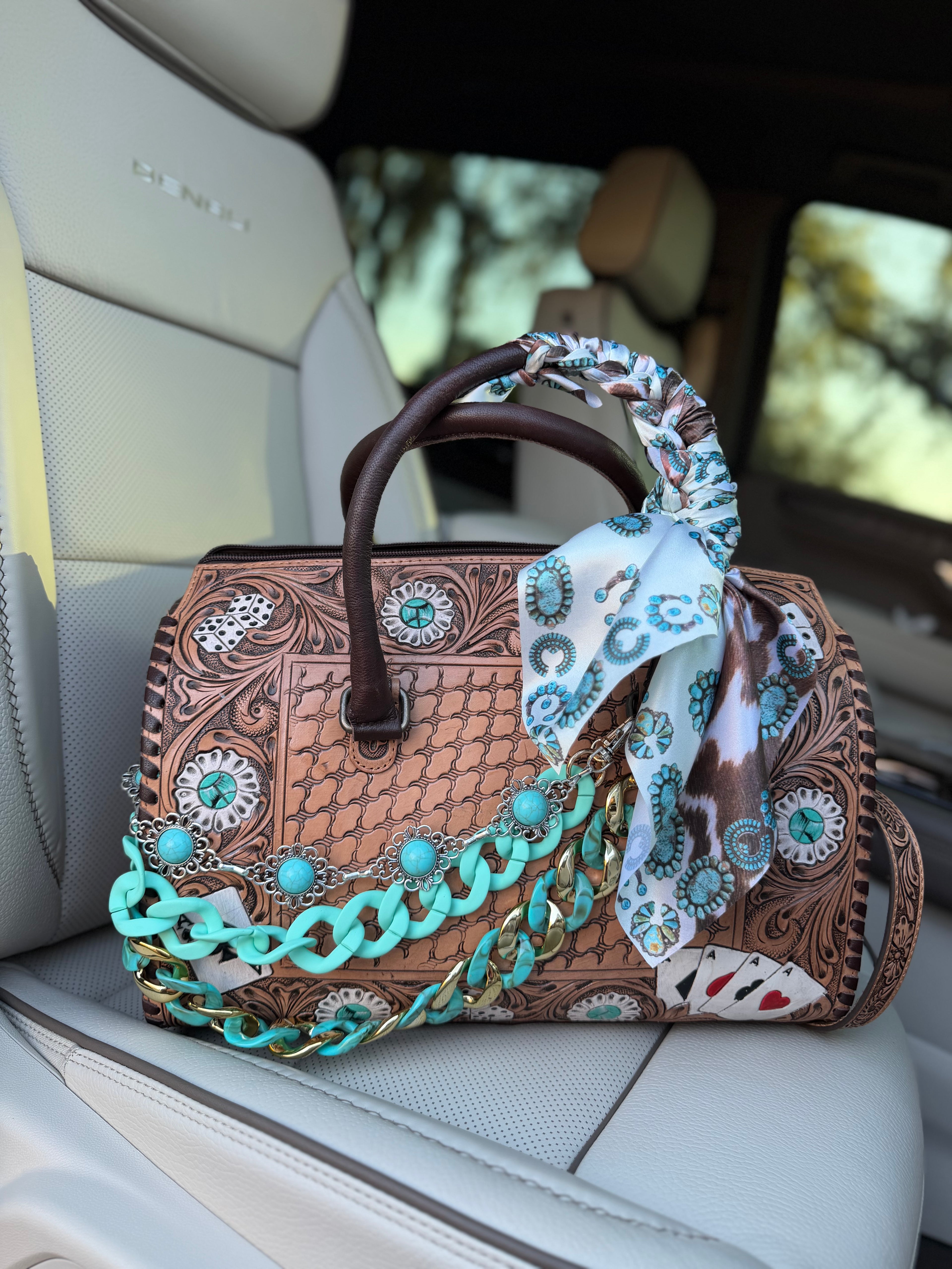 “The Turquoise High Roller”- tan tooled leather speedy Duffle