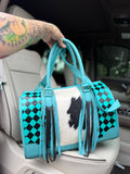Teal/black checker tooled leather speedy duffle (L)