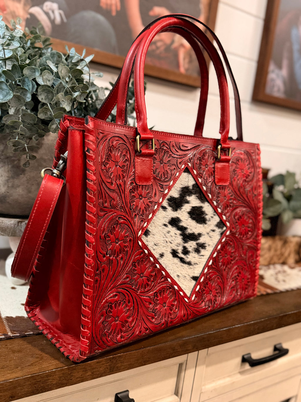 High quality tooled leather tote bag