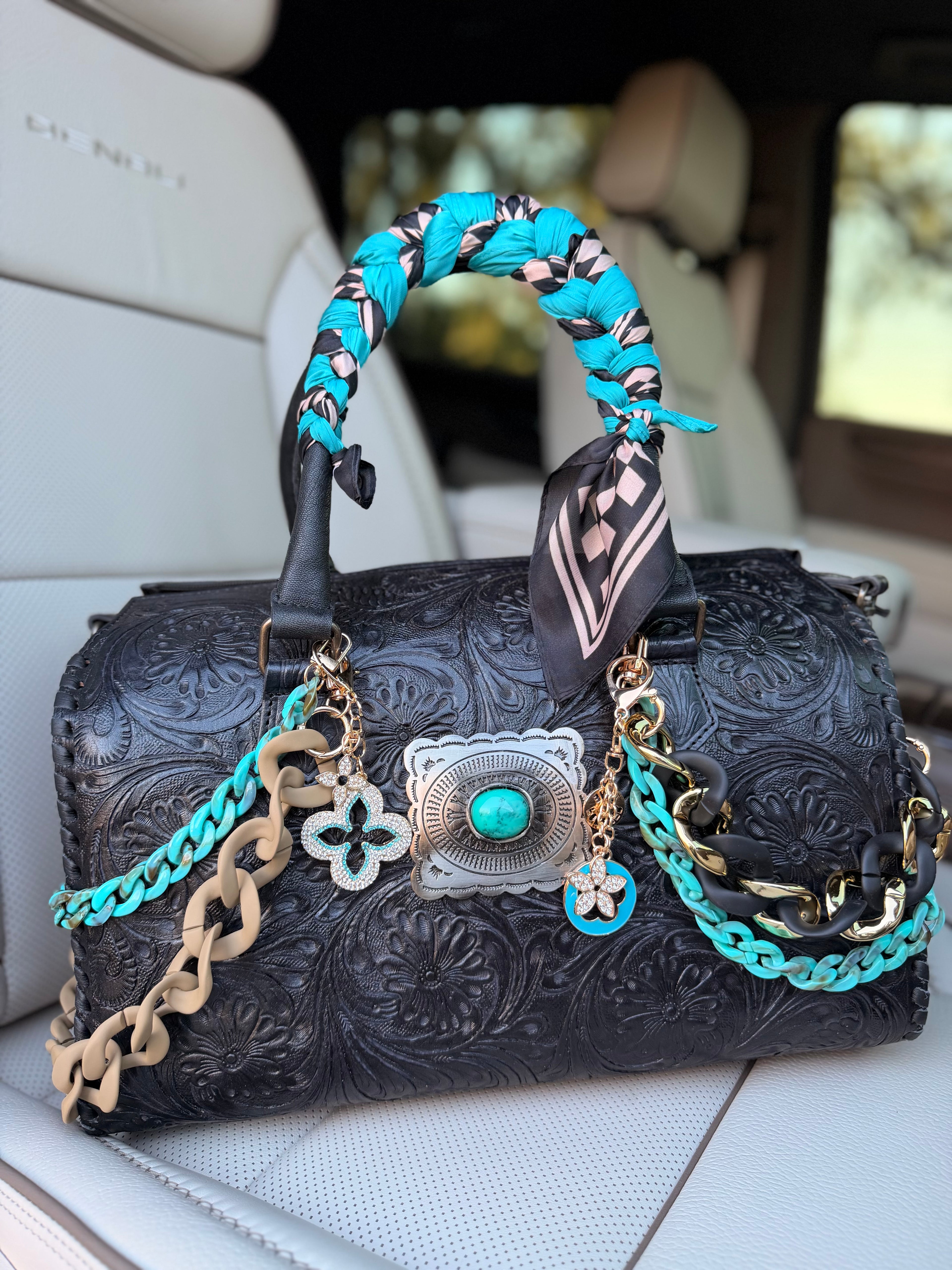 "Dark teal lux" - black tooled leather speedy duffle