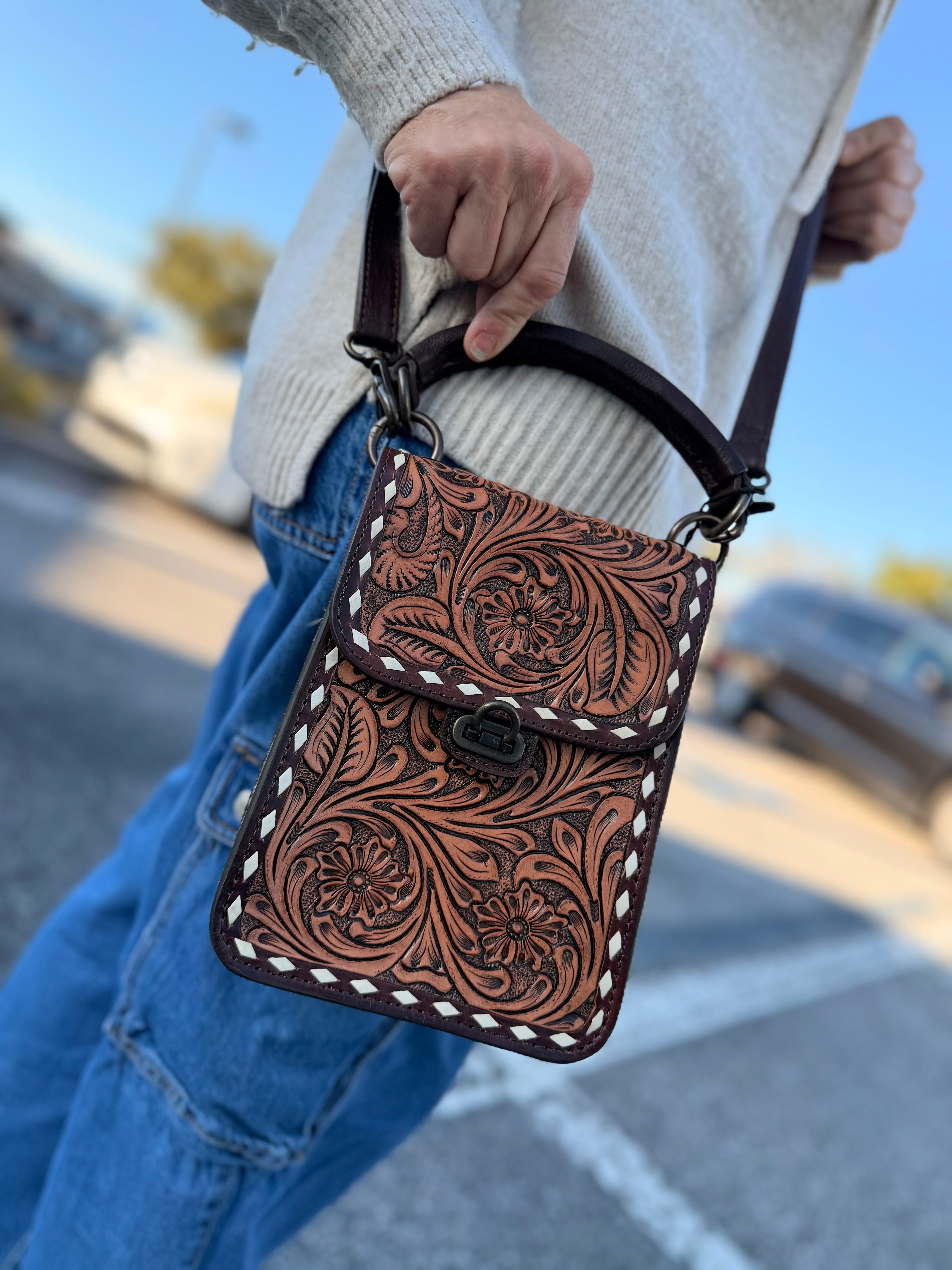 “Petunia” Tooled leather sling purse - by the Painted Porches