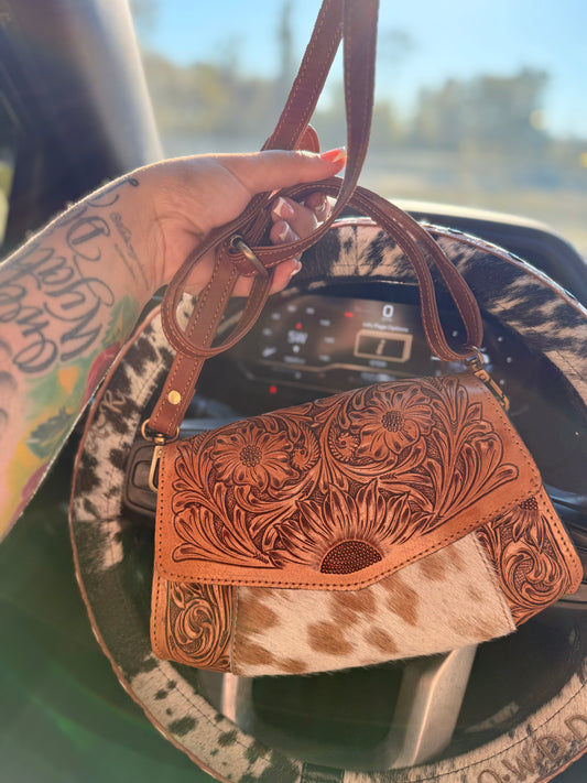 Tooled leather small purse with cowhide
