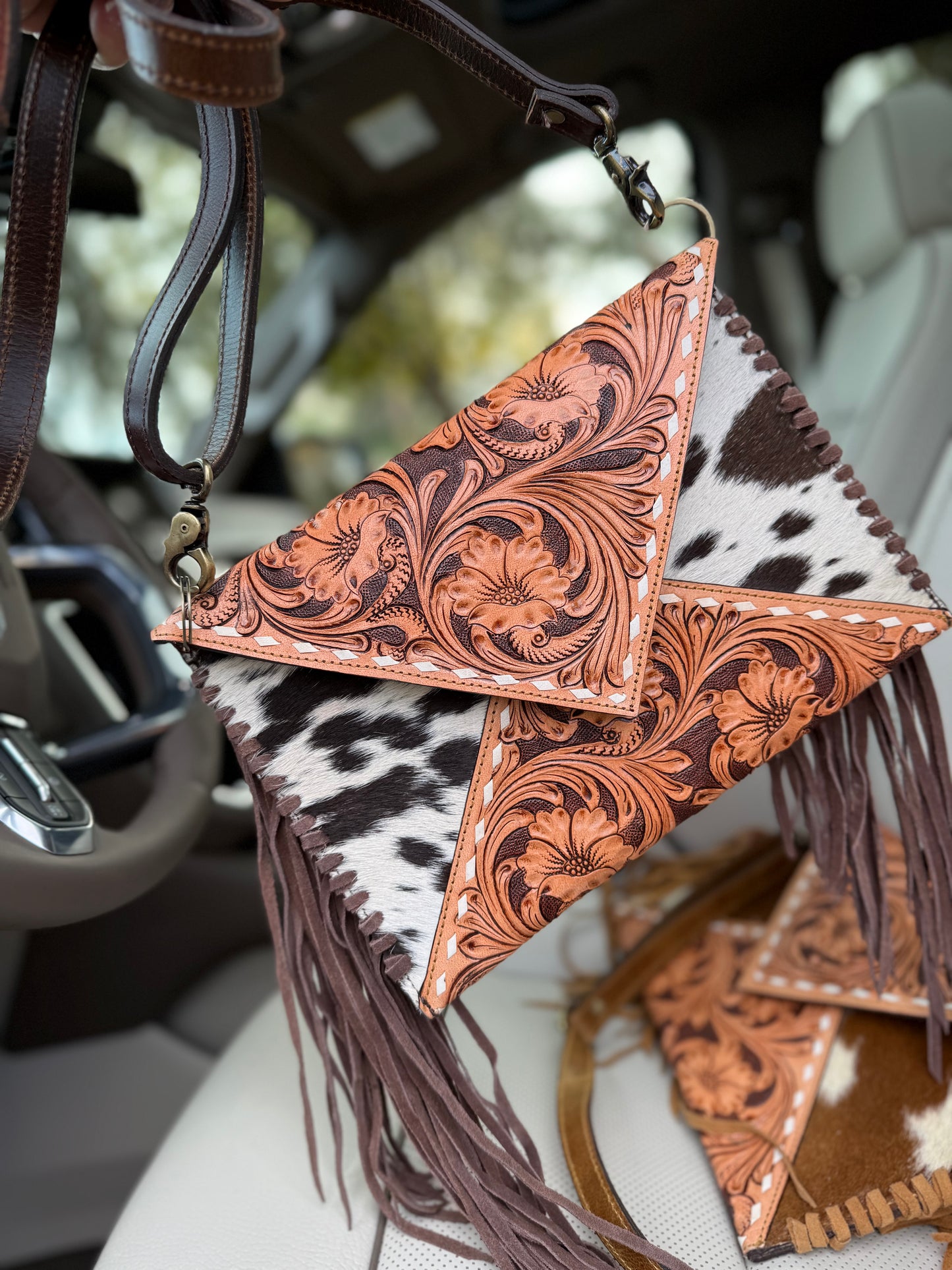 Tooled leather/ cowhide envelope purse