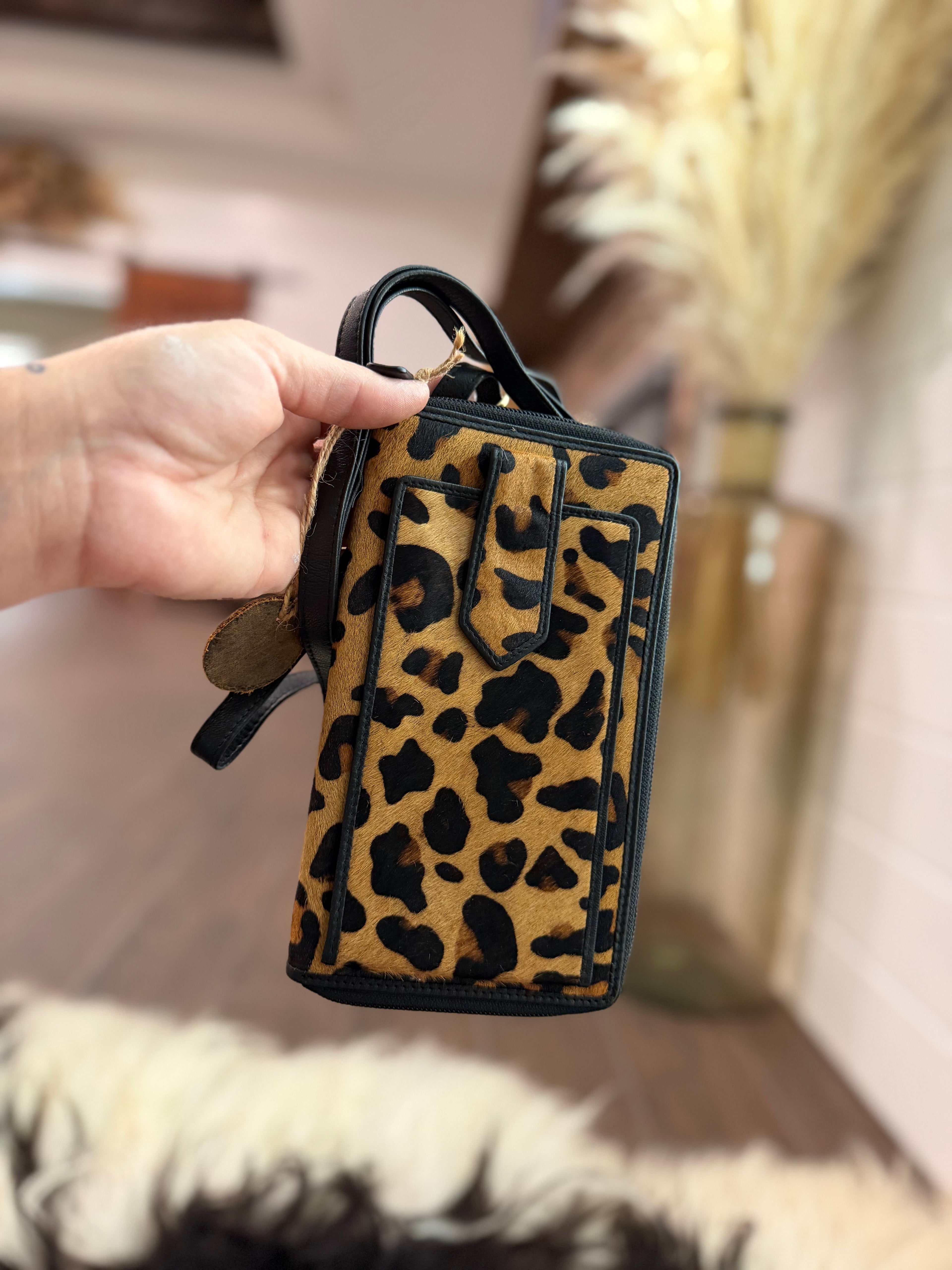 Cheetah cowhide Phone wallet with long strap