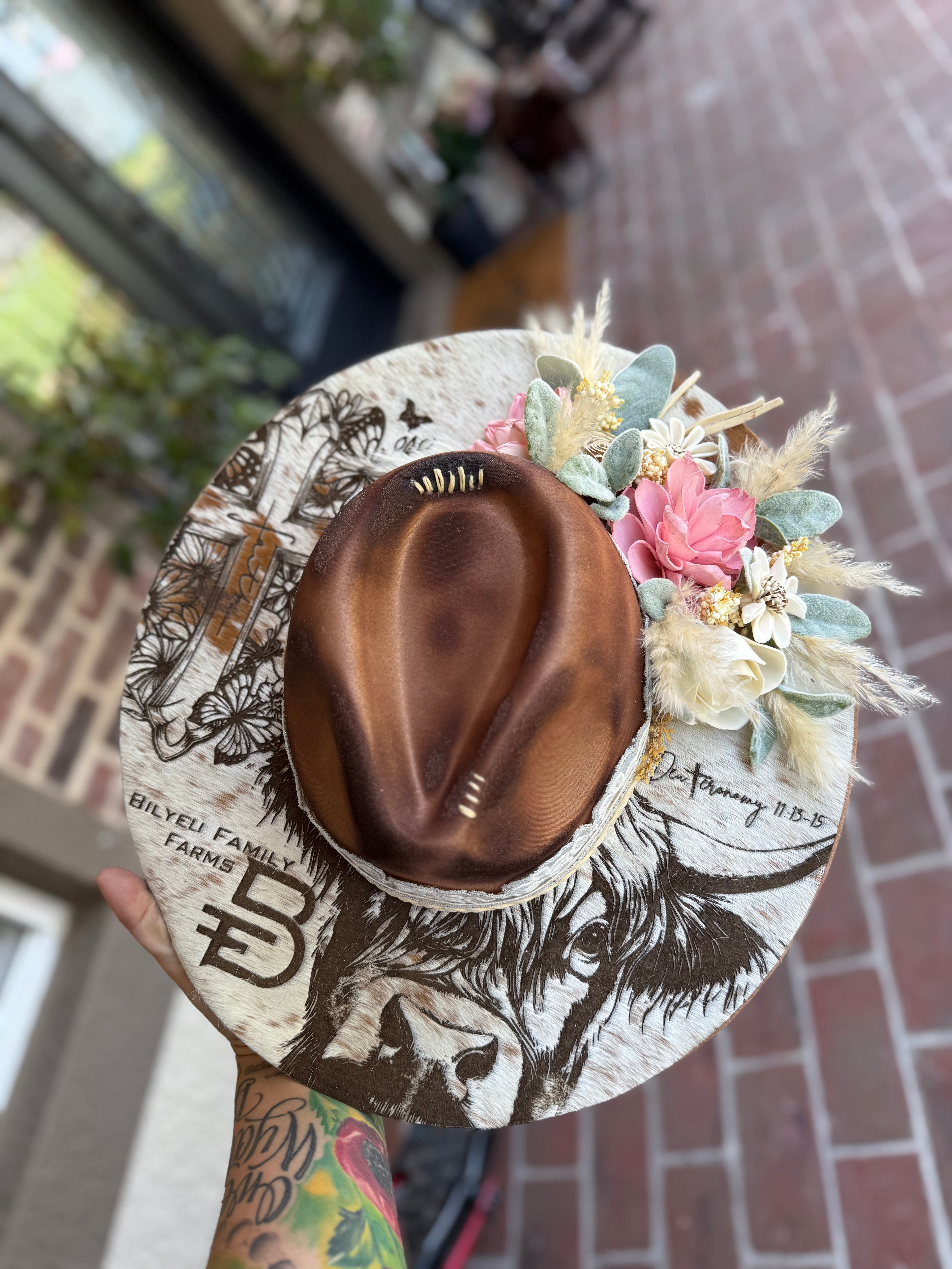 Engraved cowhide hat - farm logo/brand