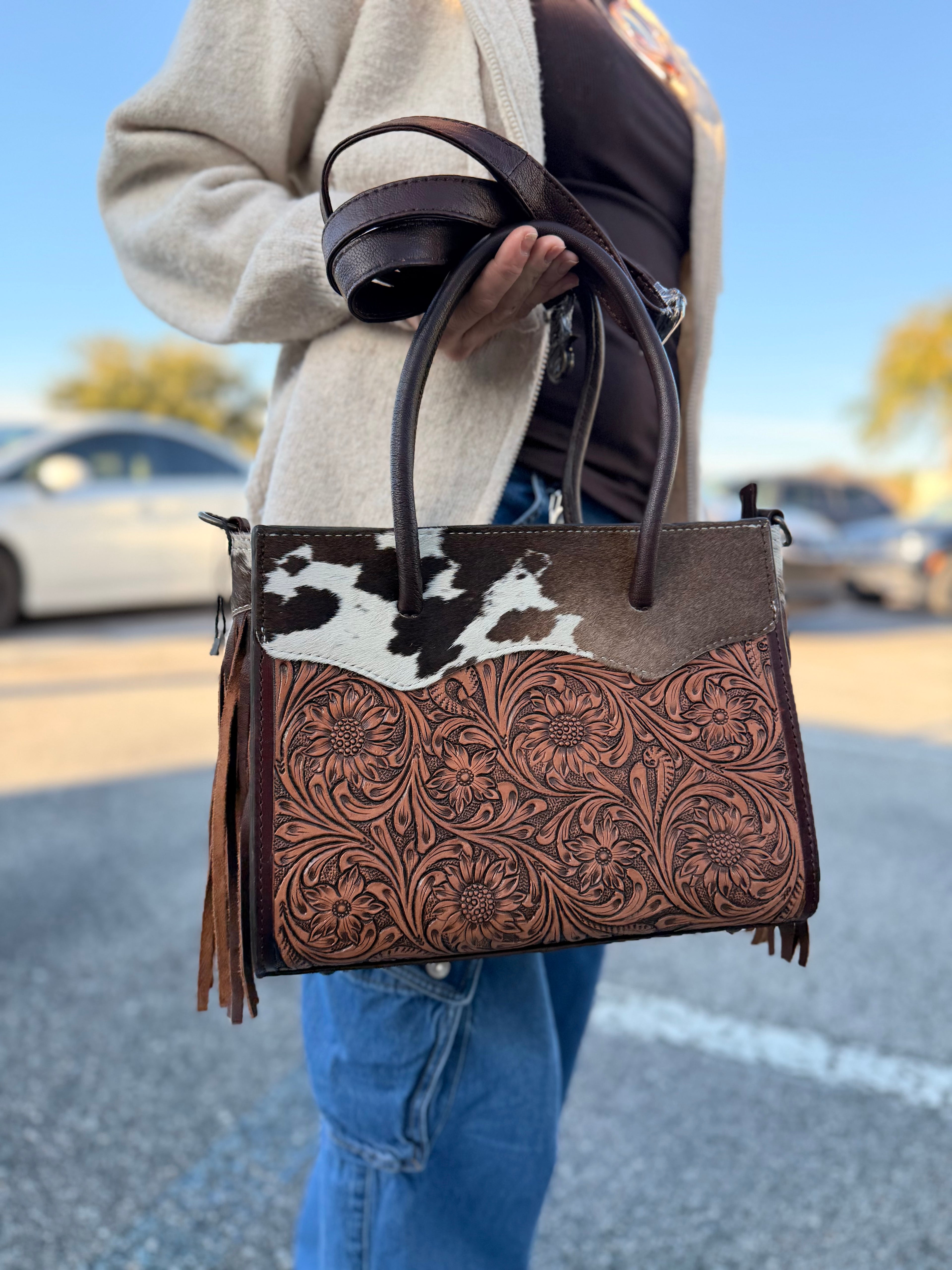 The “Mandie” tooled fringe tote checker  bag - by the Painted Porches