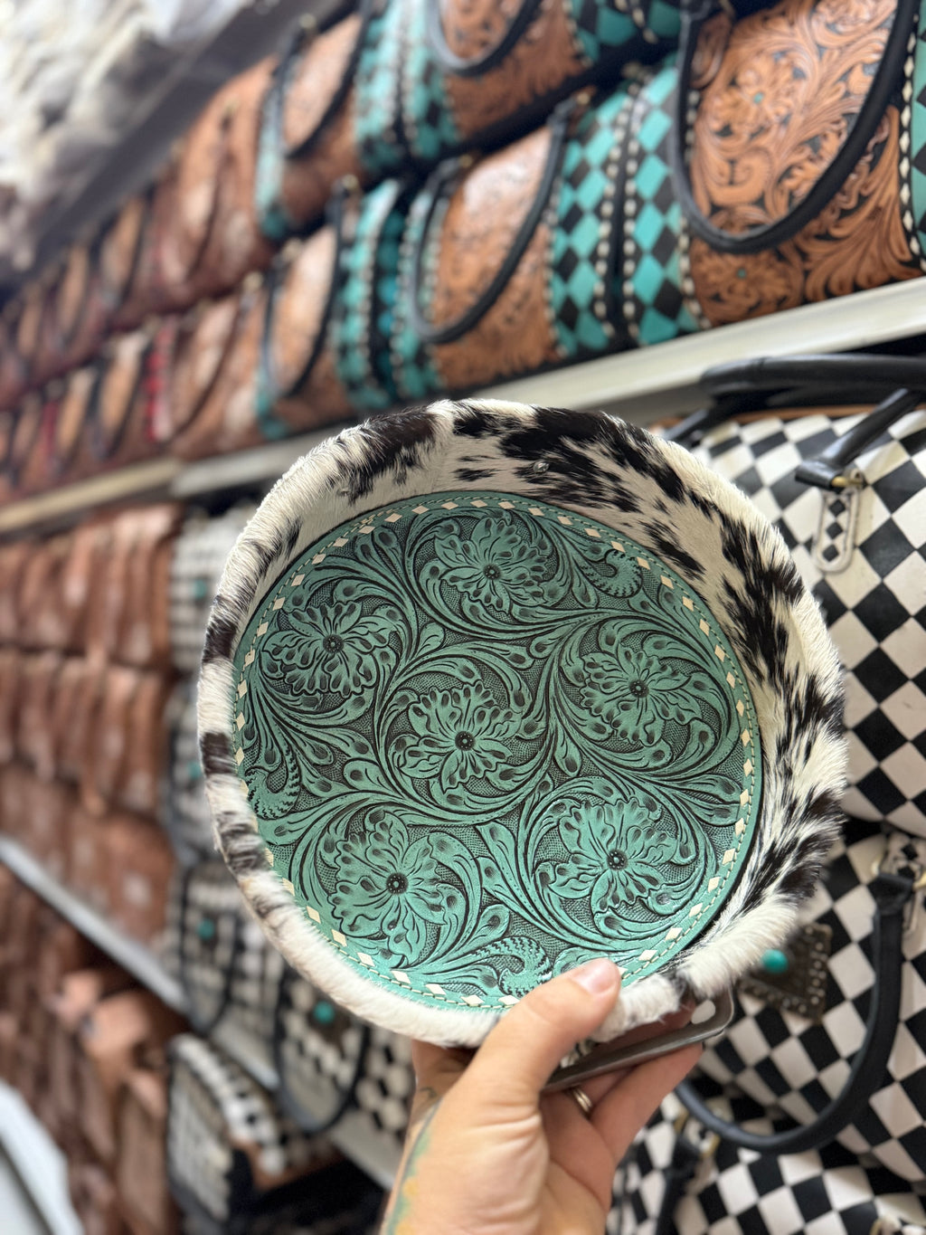 10” tooled leather cowhide tray