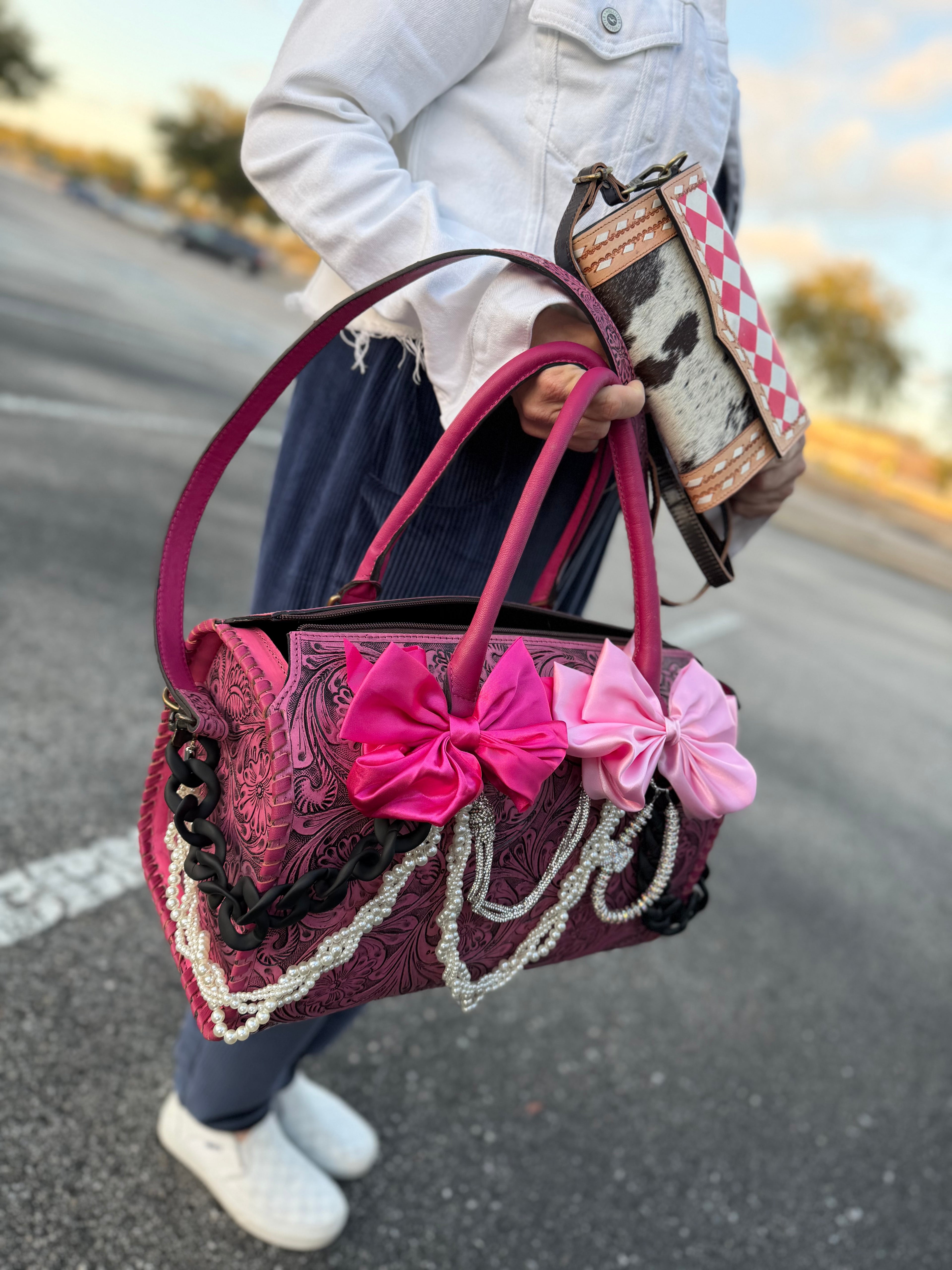 "Pink Prairie”- pink tooled leather speedy Duffle