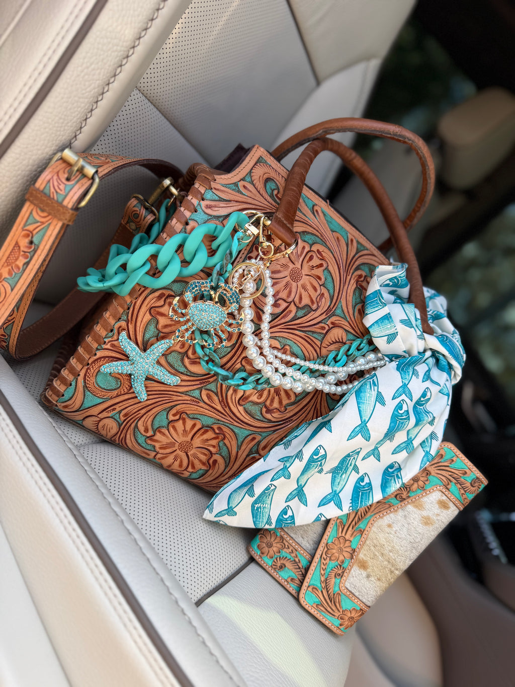"The Blue Bayou" - Tan and teal  tooled leather speedy (L)
