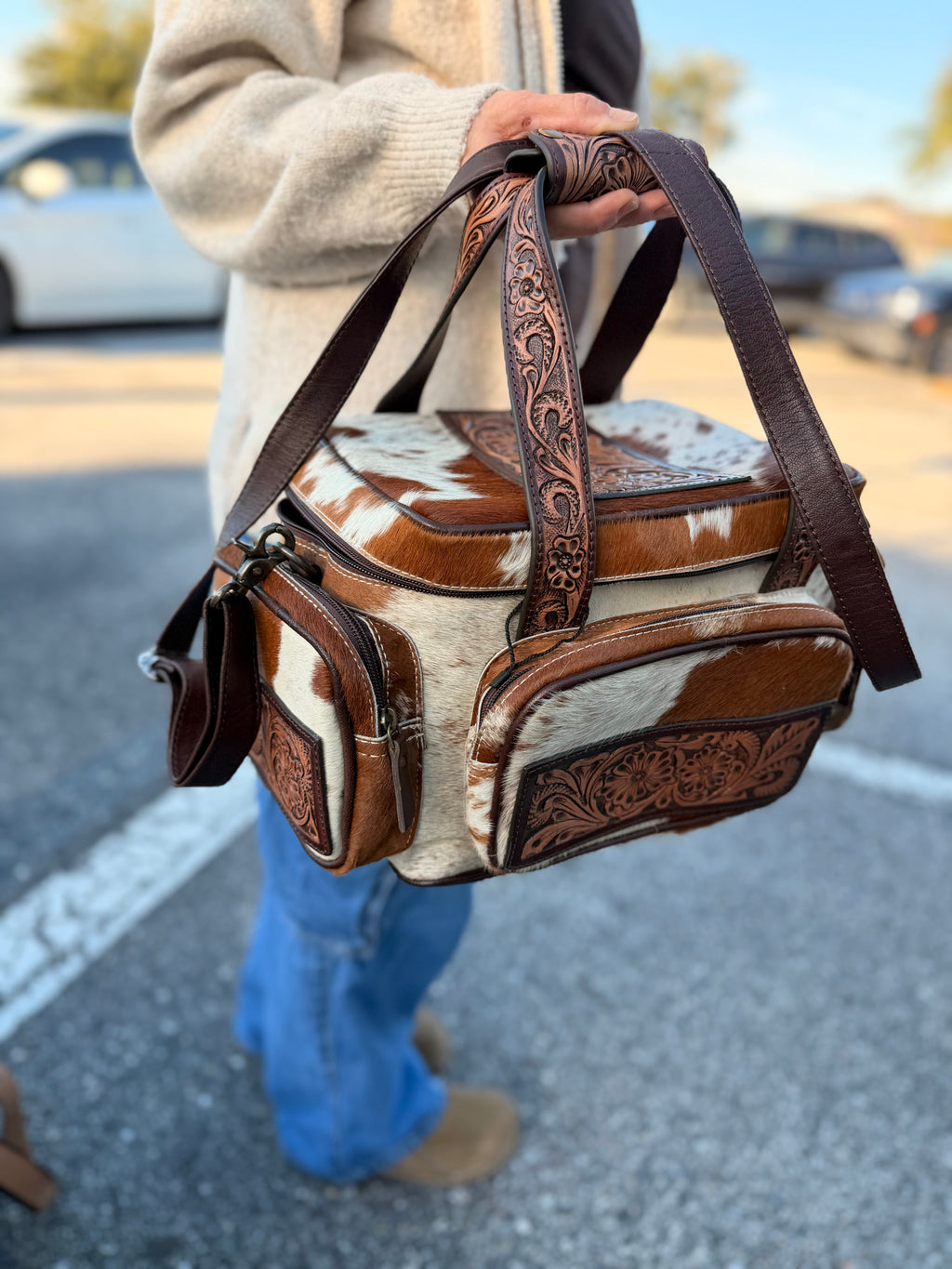 Brown and white hide TOOLED leather/ cowhide Lunch bag