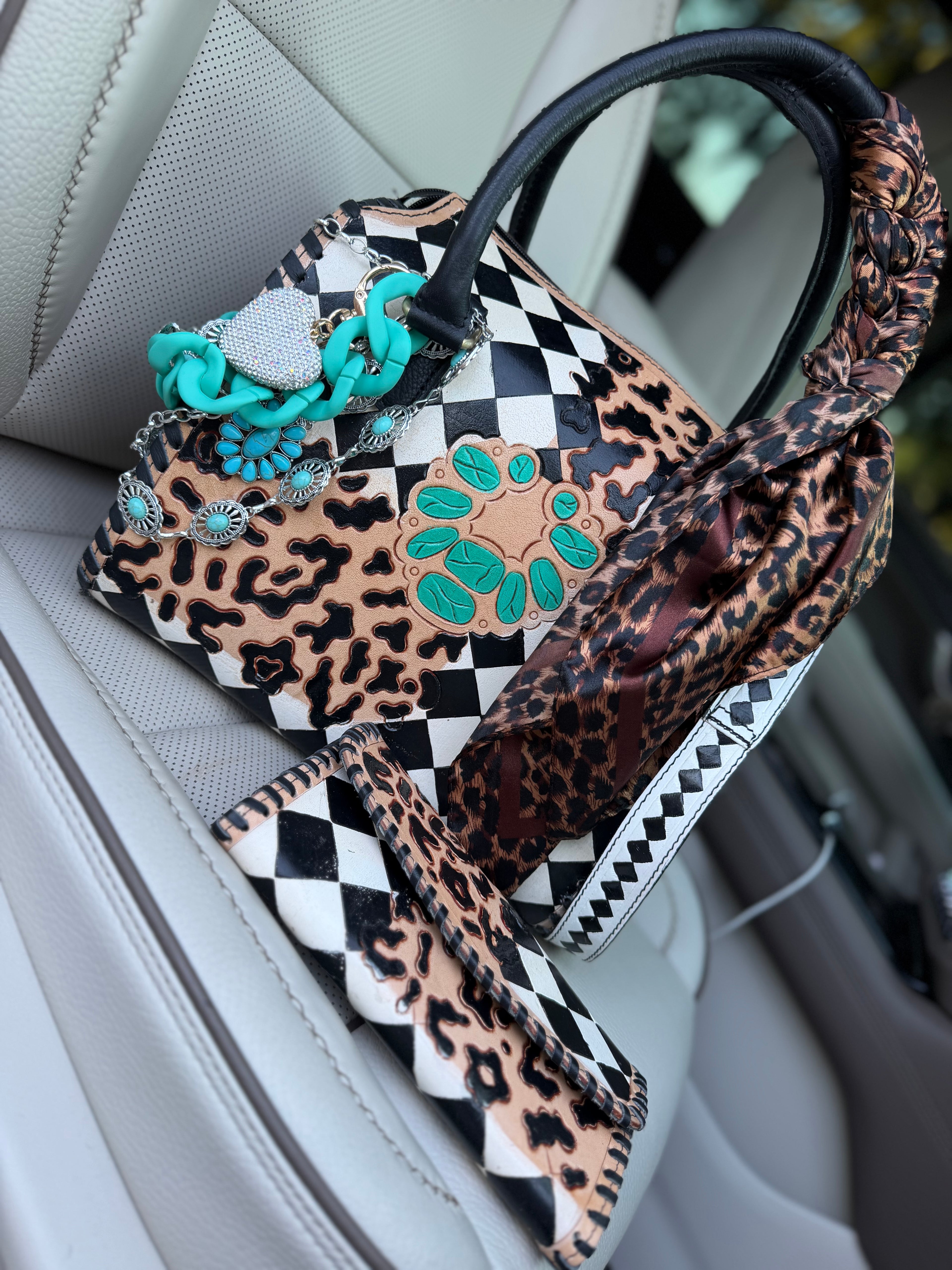 “Outlaw Belle”black/white checker and cheetah tooled leather speedy (L) by the Painted Porches