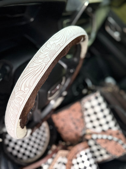 White 15.5 “ tooled leather cowhide steering wheel cover read description before purchase