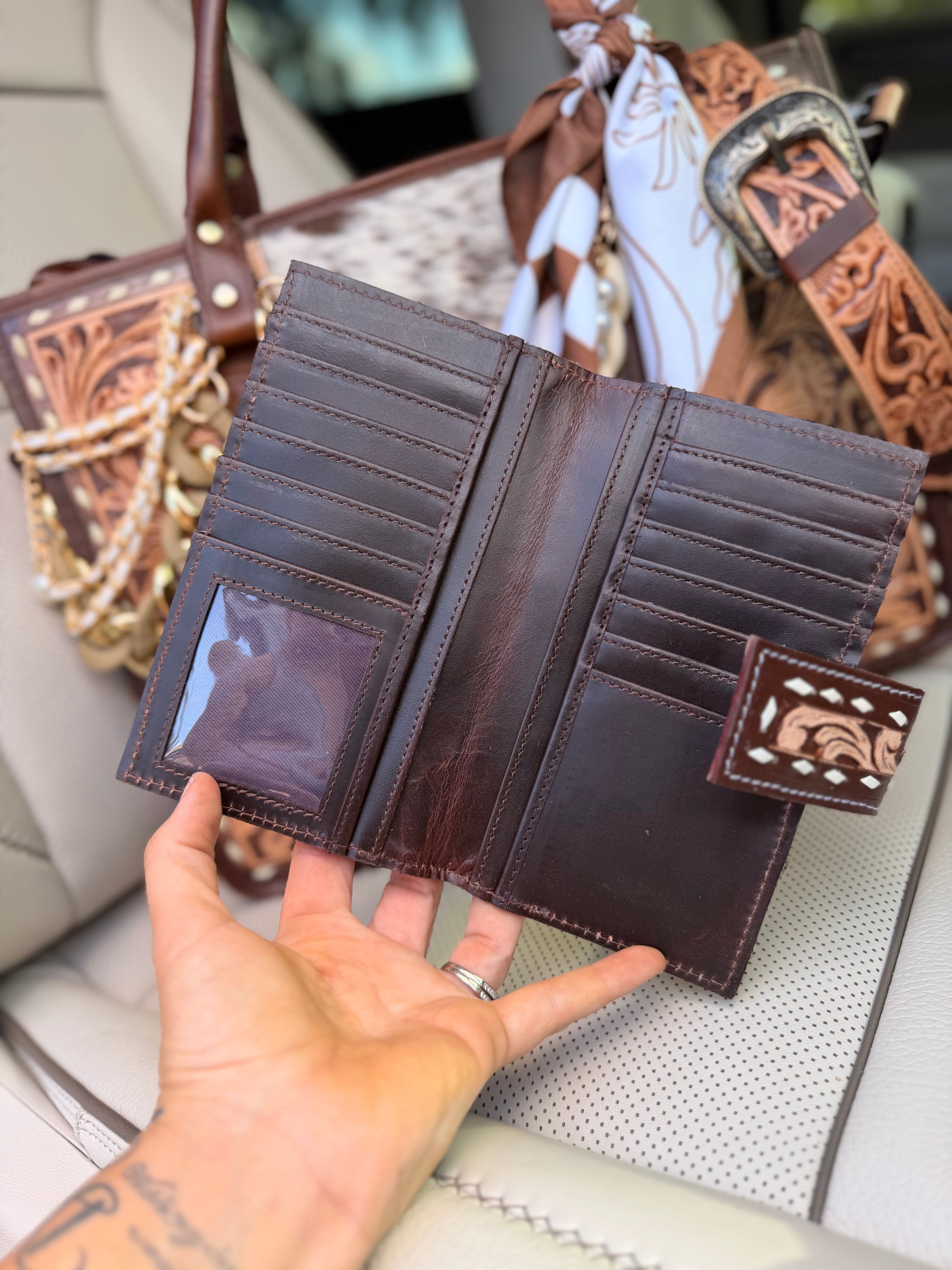 "Sassy Cowgirl" Dressed cowhide and brown tooled leather tote bag/ wallet combo