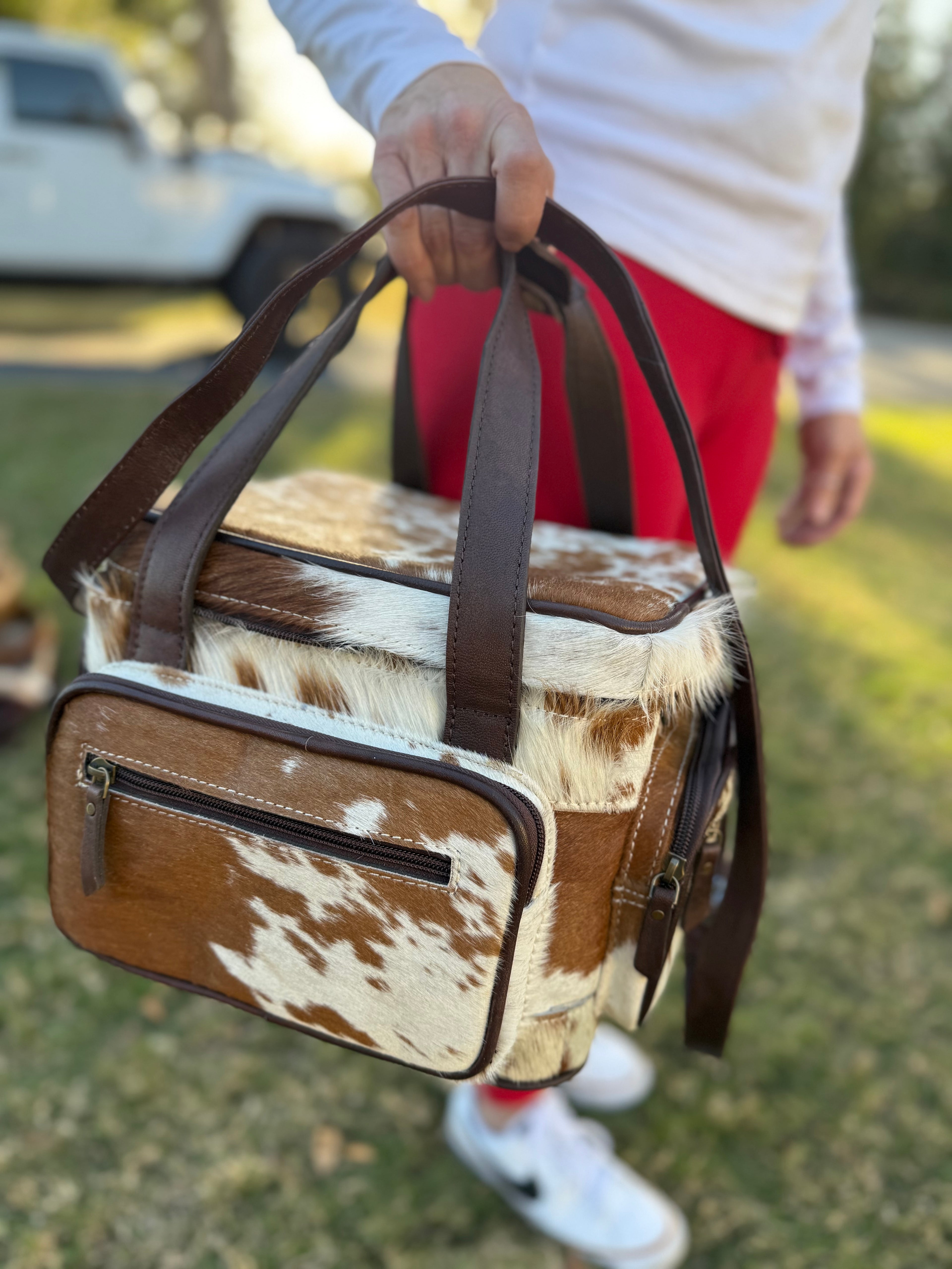 Brown and white Cowhide / leather Lunch bag