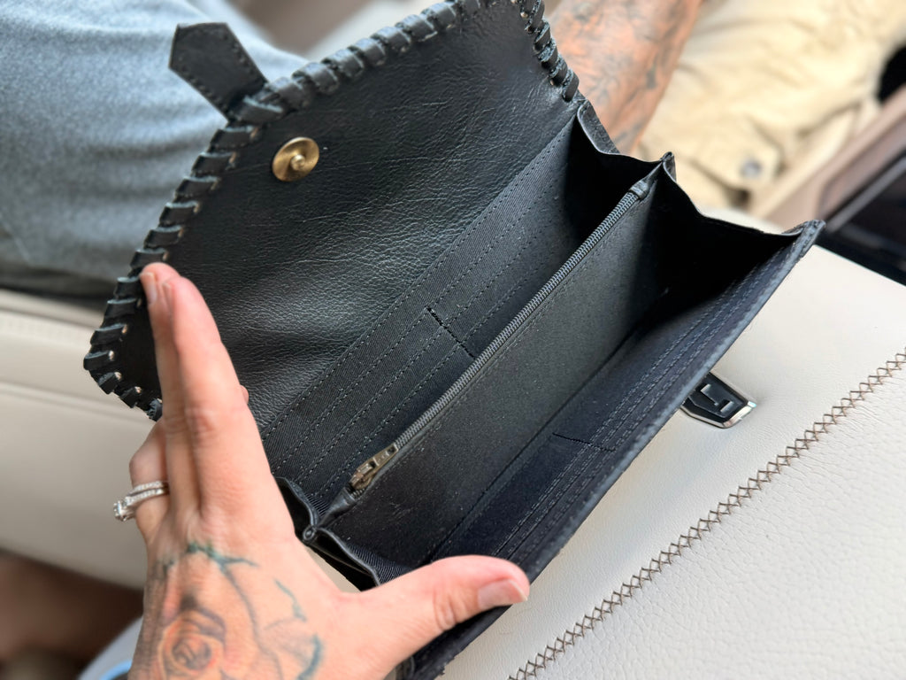 Tooled leather and cowhide wallet