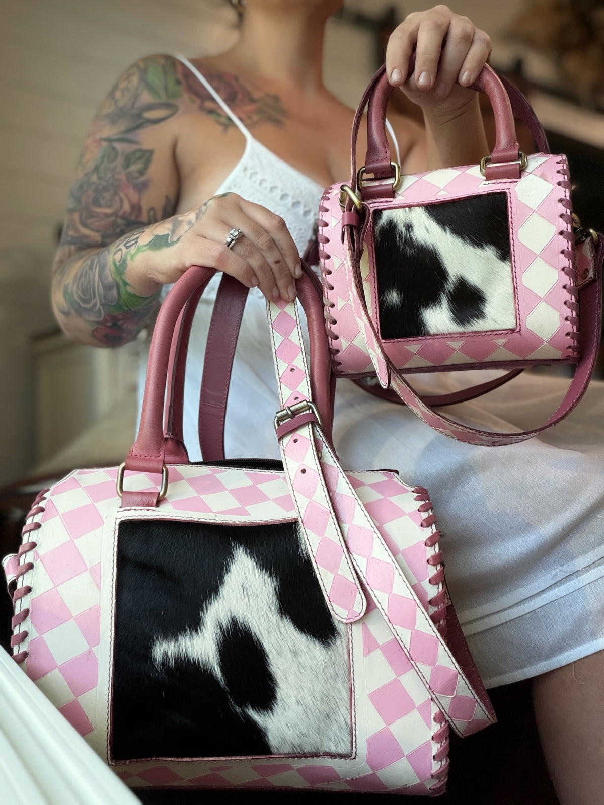 Light pink/white checker tooled leather / Cowhide -  speedy ( 2 sizes avail )