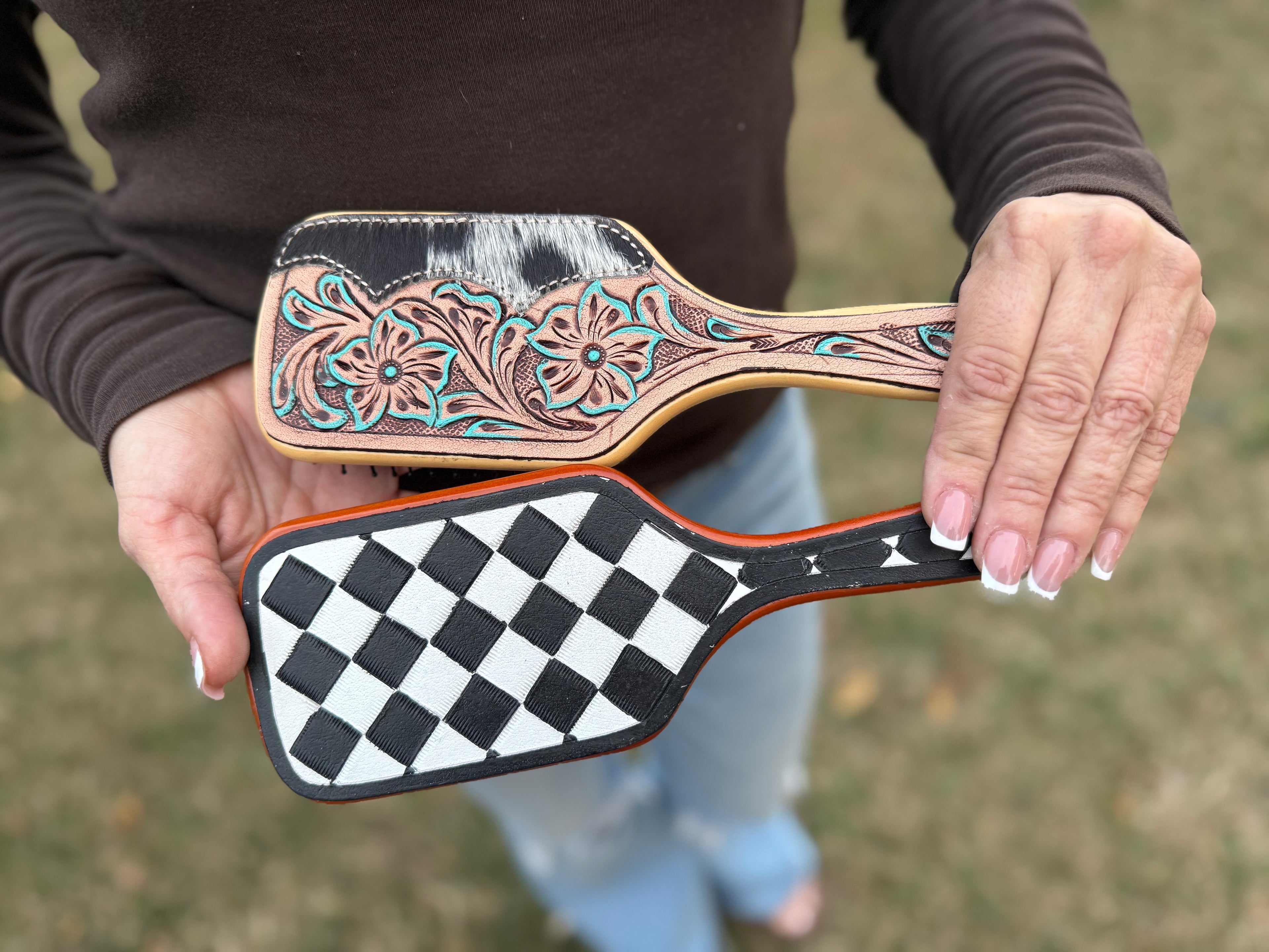 Tooled leather /cowhide hair brush