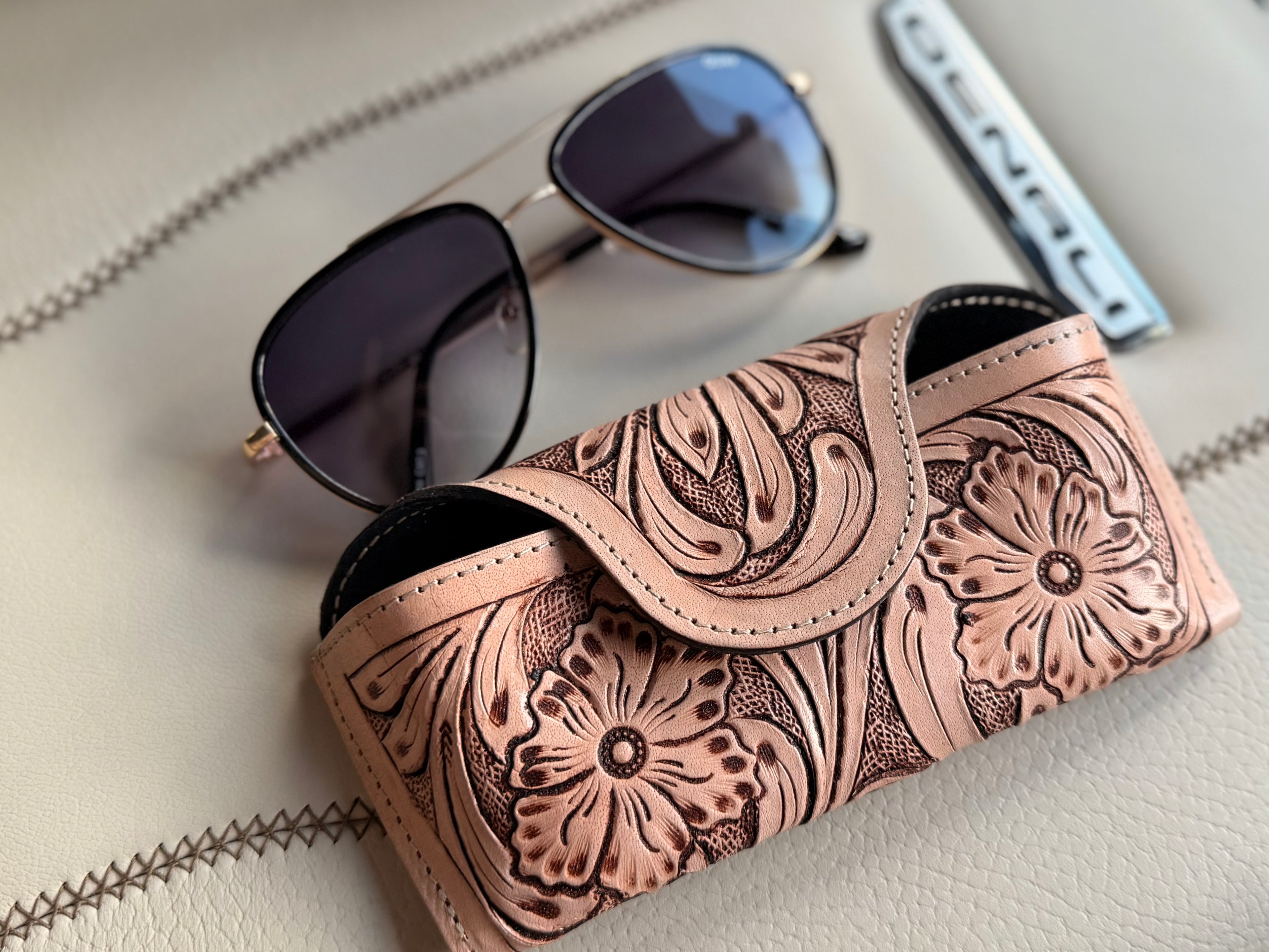 Leather checker sunglass holder