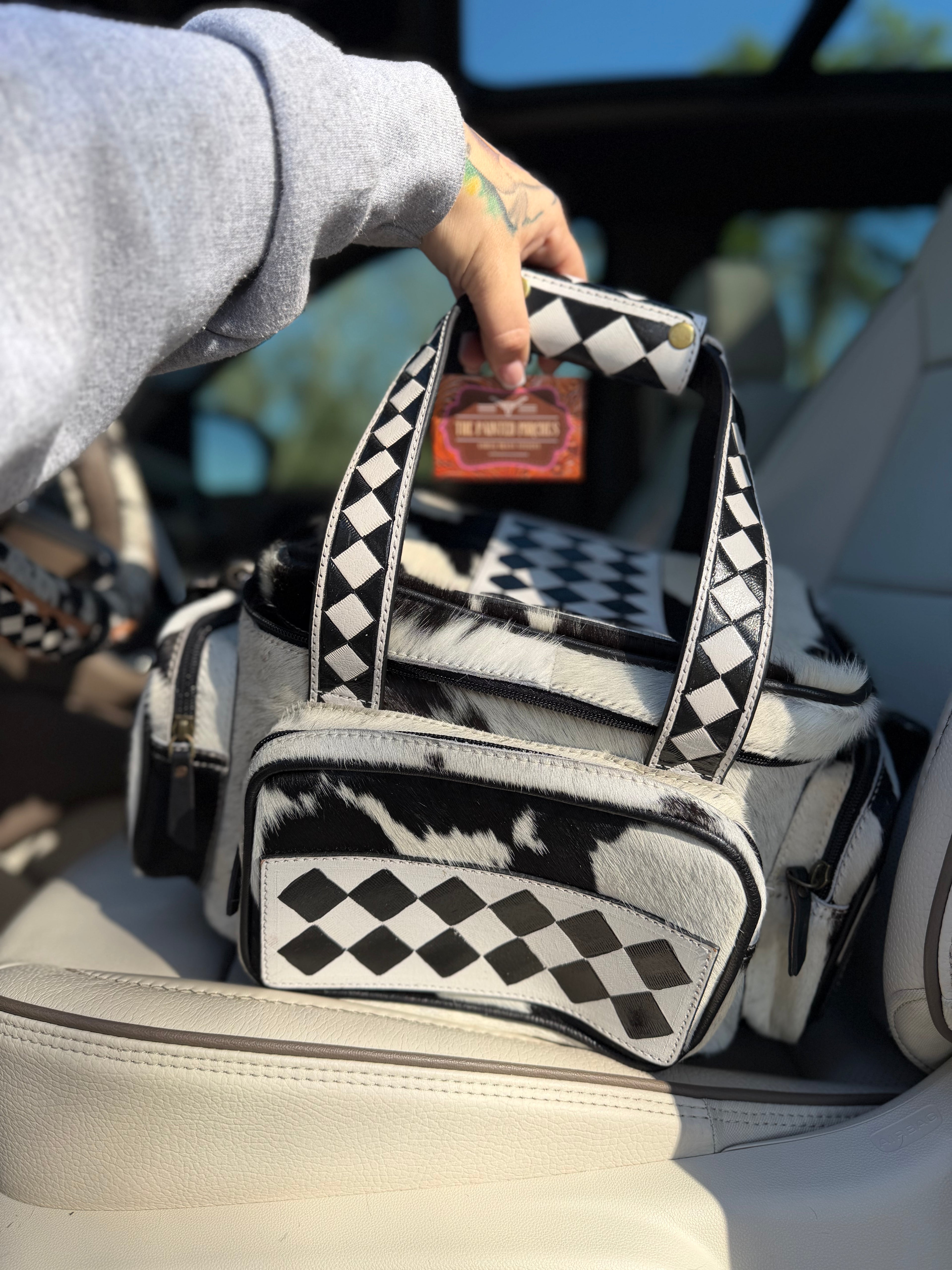CHECKER TOOLED leather/ cowhide Lunch bag
