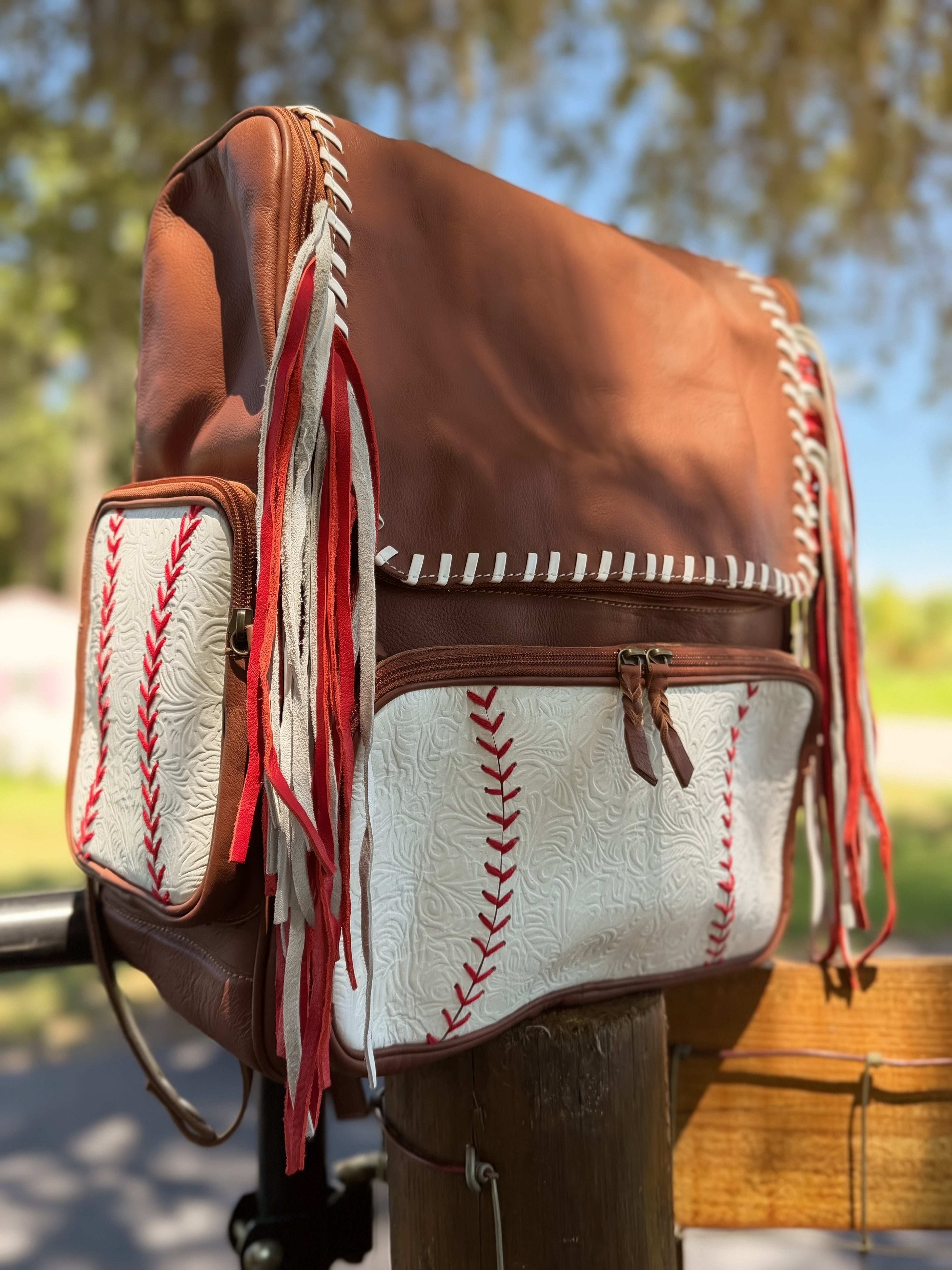 Leather fringe baseball bookbag