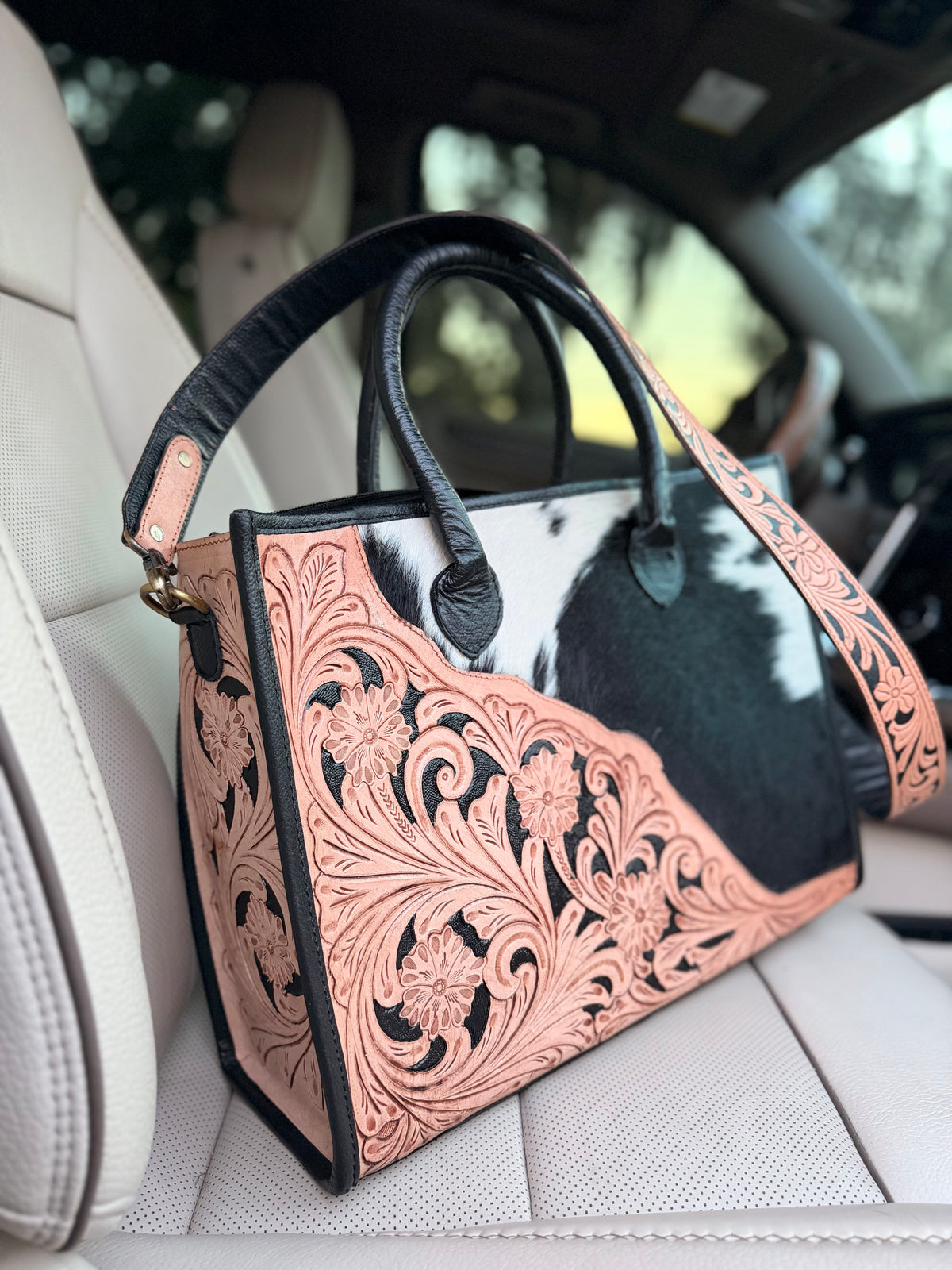 High quality tooled leather tote bag