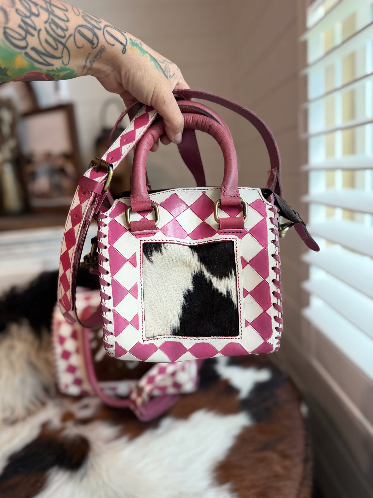 Dark pink/white checker tooled leather / Cowhide -  speedy ( 2 sizes avail )