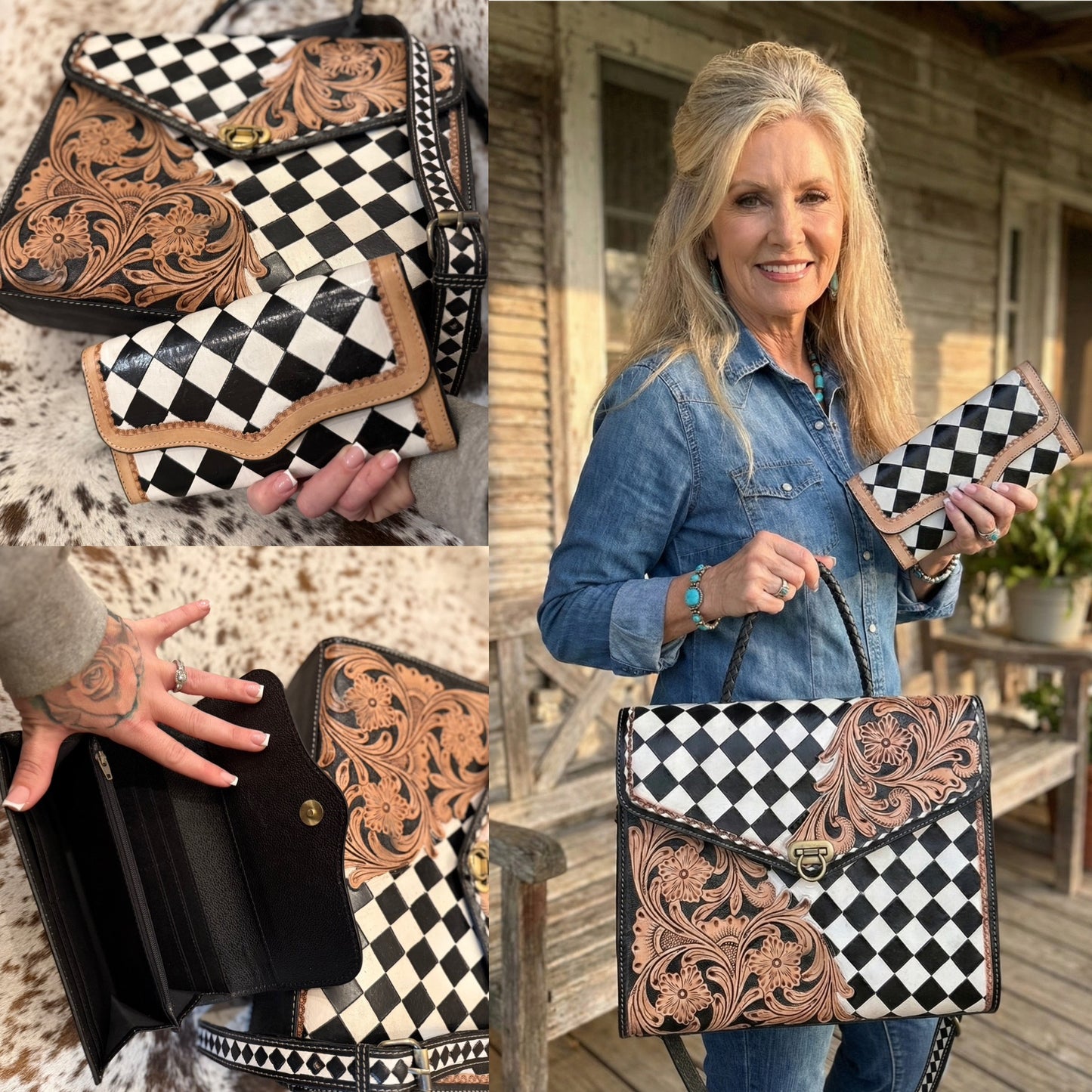 Checker print / tooled leather tote set