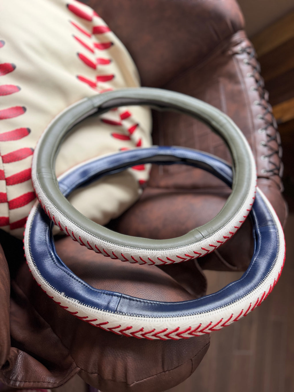 Baseball 16 “ tooled leather steering wheel cover - read description before purchase