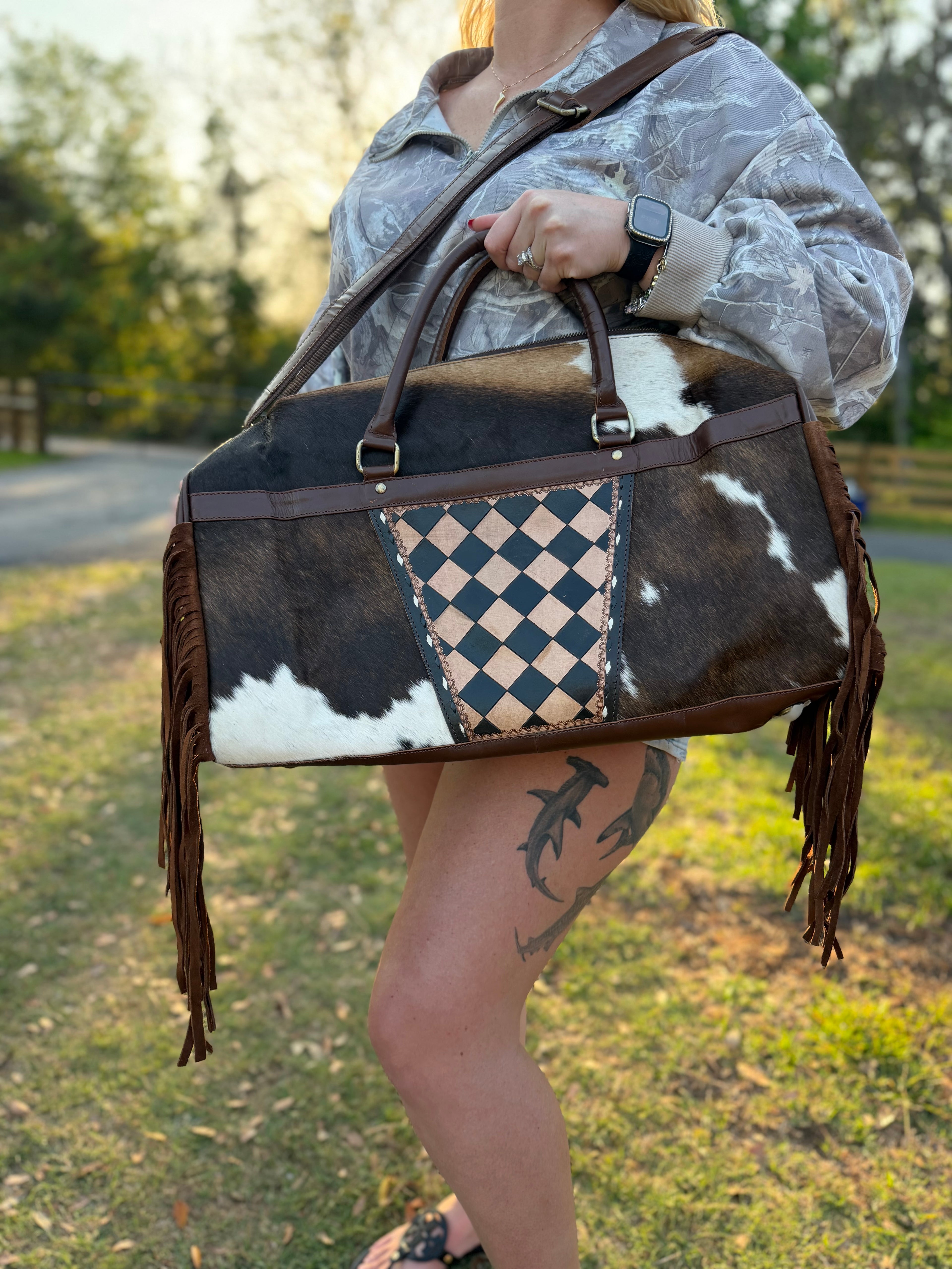 Brown checker duffle fringe