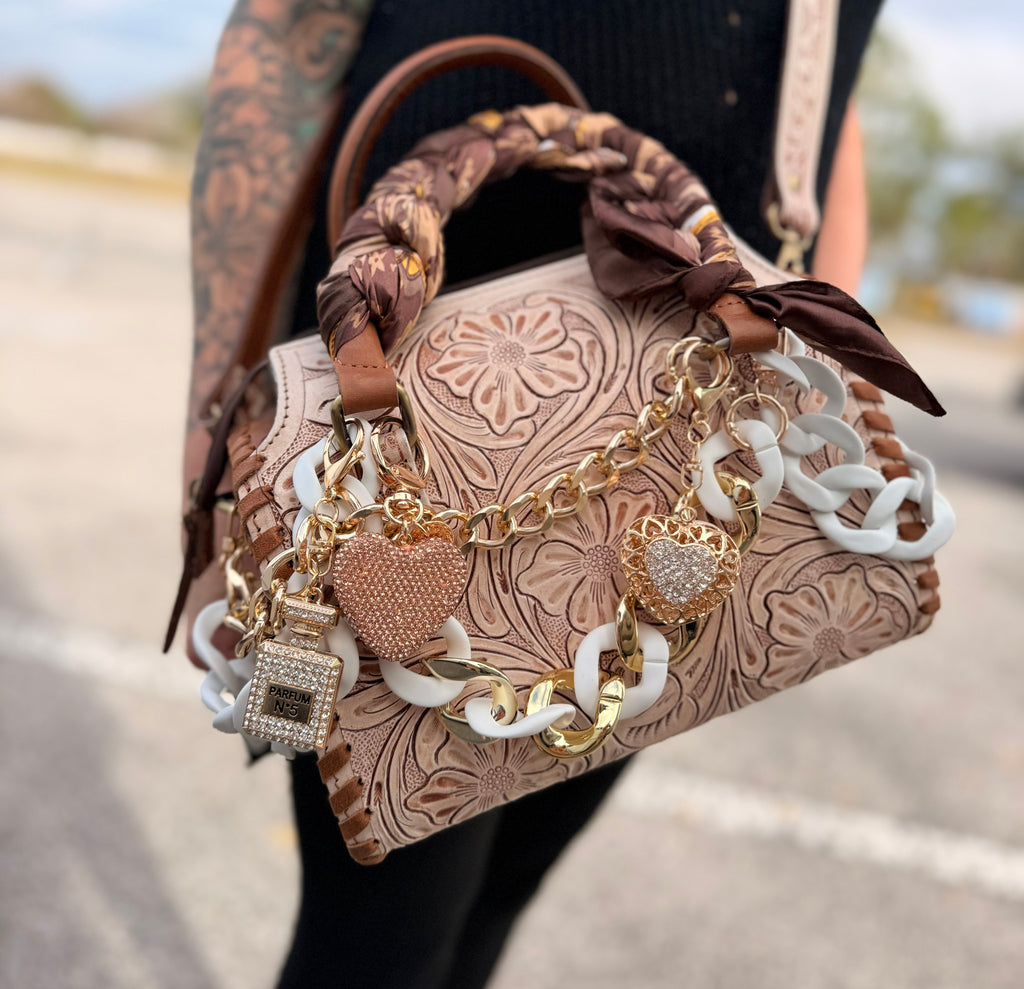 “ The Golden Cowgirl”- white/cream tooled leather speedy (M)